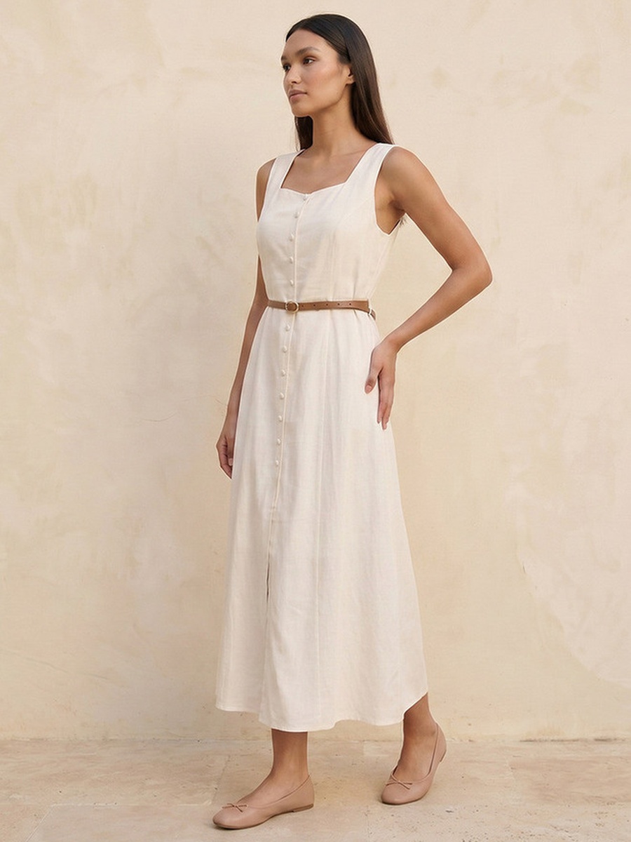 A-Line Midi Length Dress with Button Detail