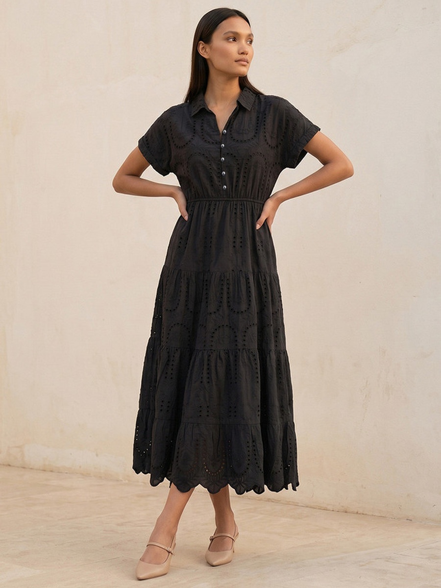 Embroidered Tiered Cotton Dress with Scalloped Hemline