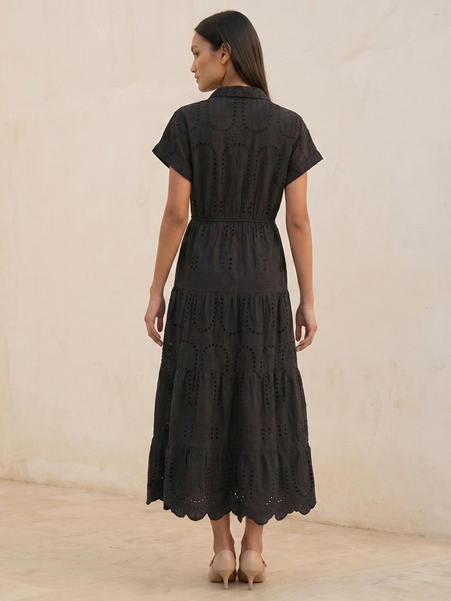 Embroidered Tiered Cotton Dress with Scalloped Hemline
