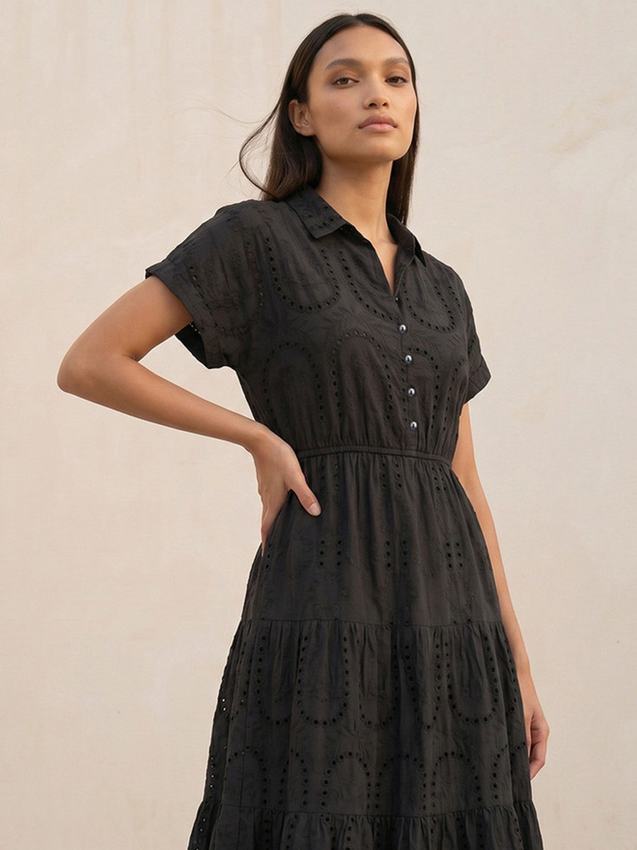 Embroidered Tiered Cotton Dress with Scalloped Hemline