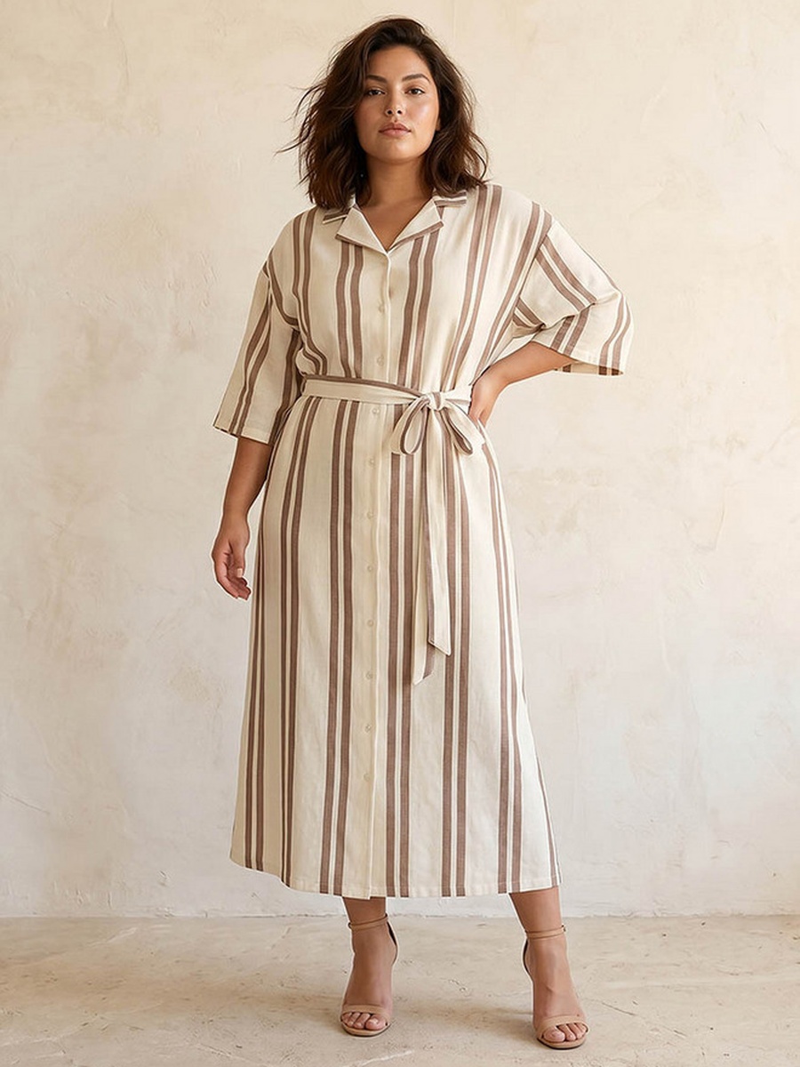 Striped Women Shirt Dress with Tie-Up Belt