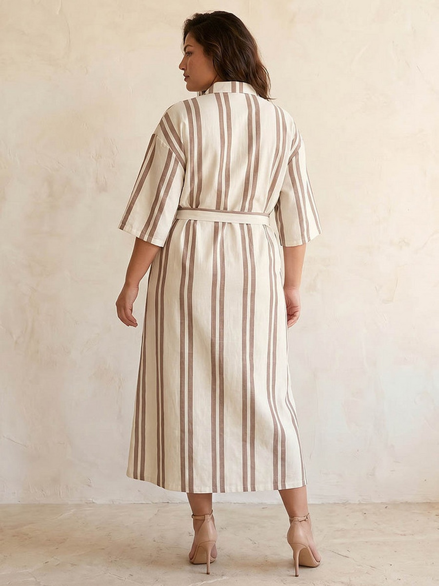 Striped Women Shirt Dress with Tie-Up Belt