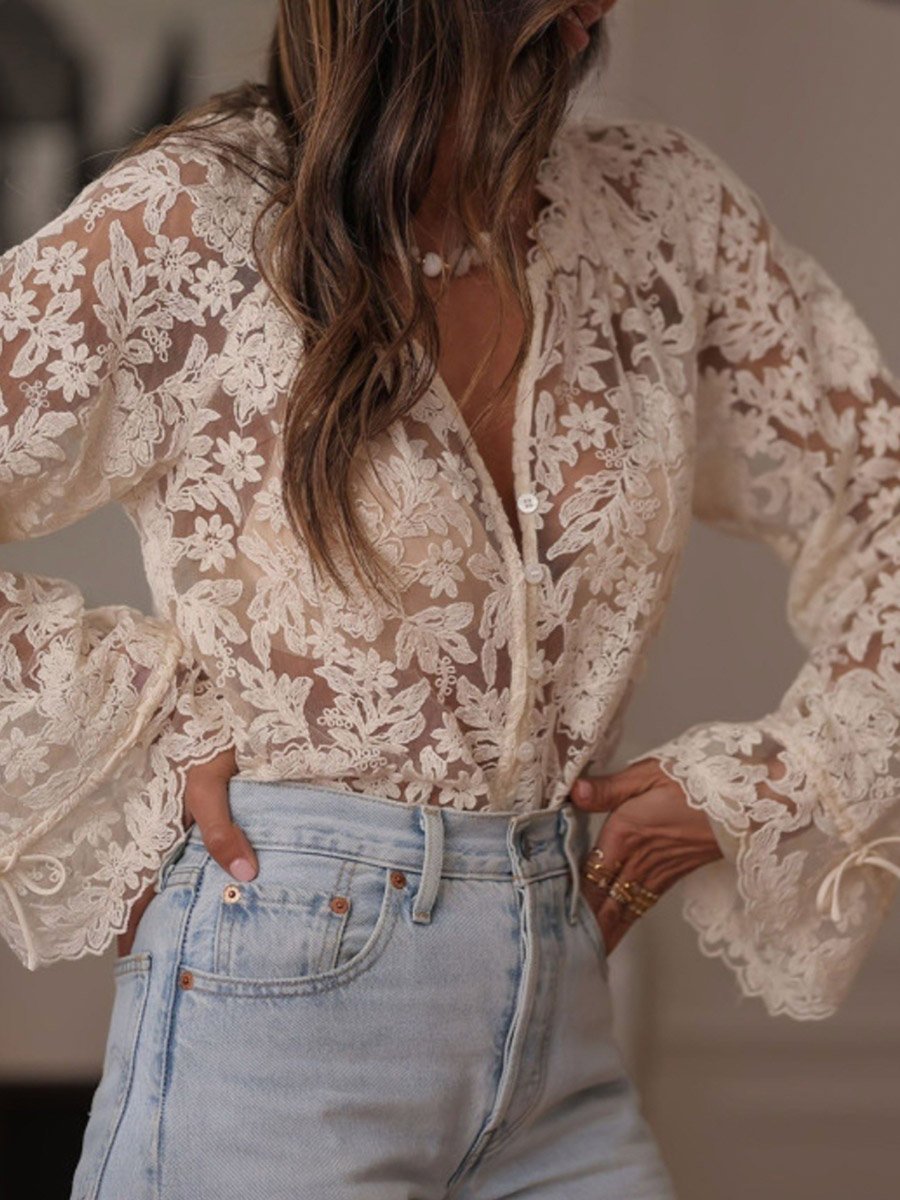Cream Bell Sleeve Textured V Neck Lace Top