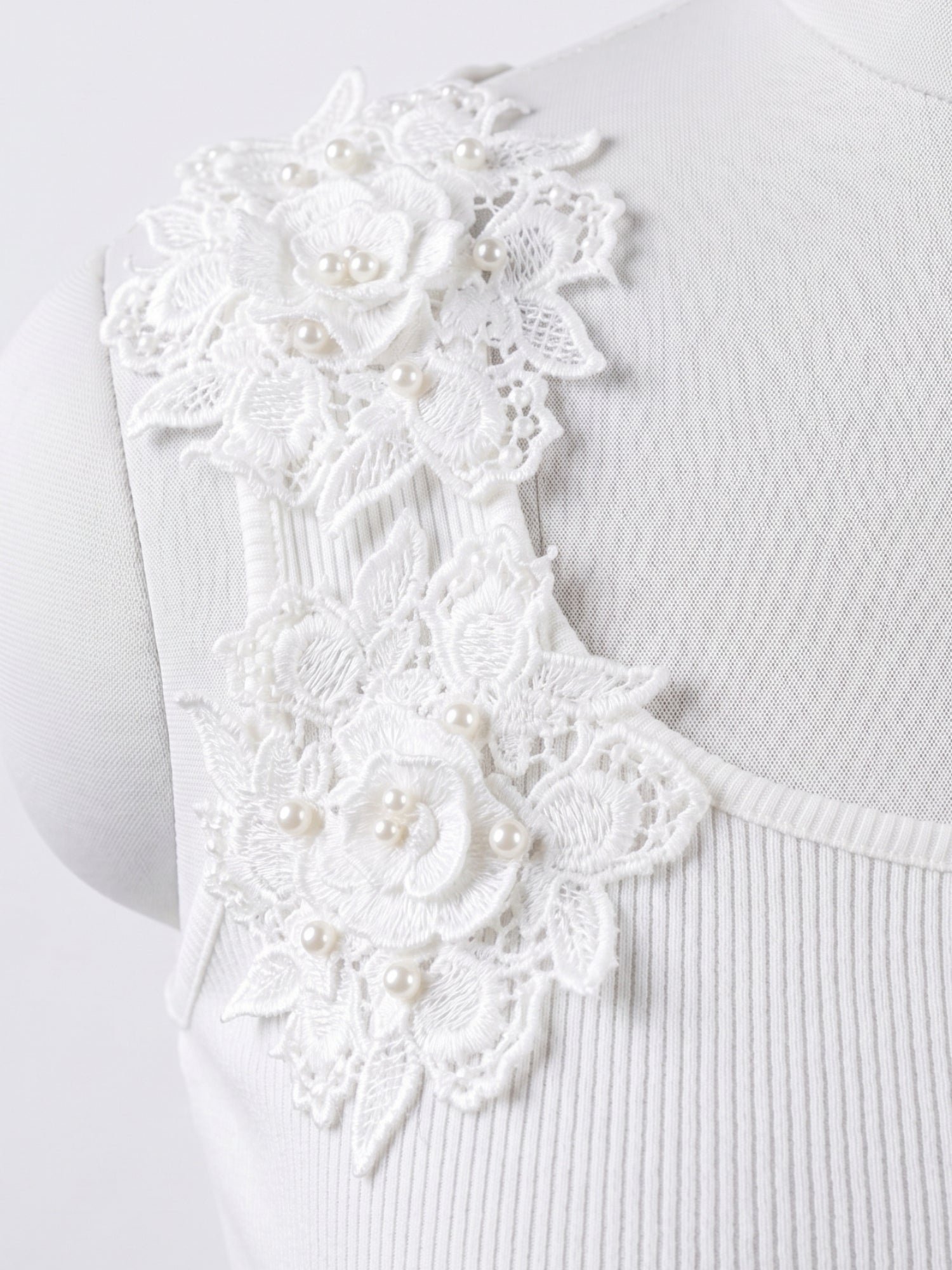 White Ribbed Sleeveless Knit Top with Floral Lace Detail