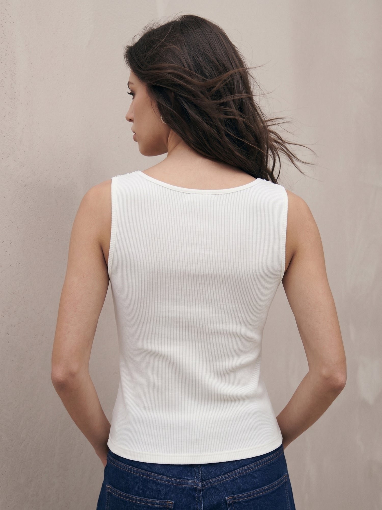 White Ribbed Sleeveless Knit Top with Floral Lace Detail
