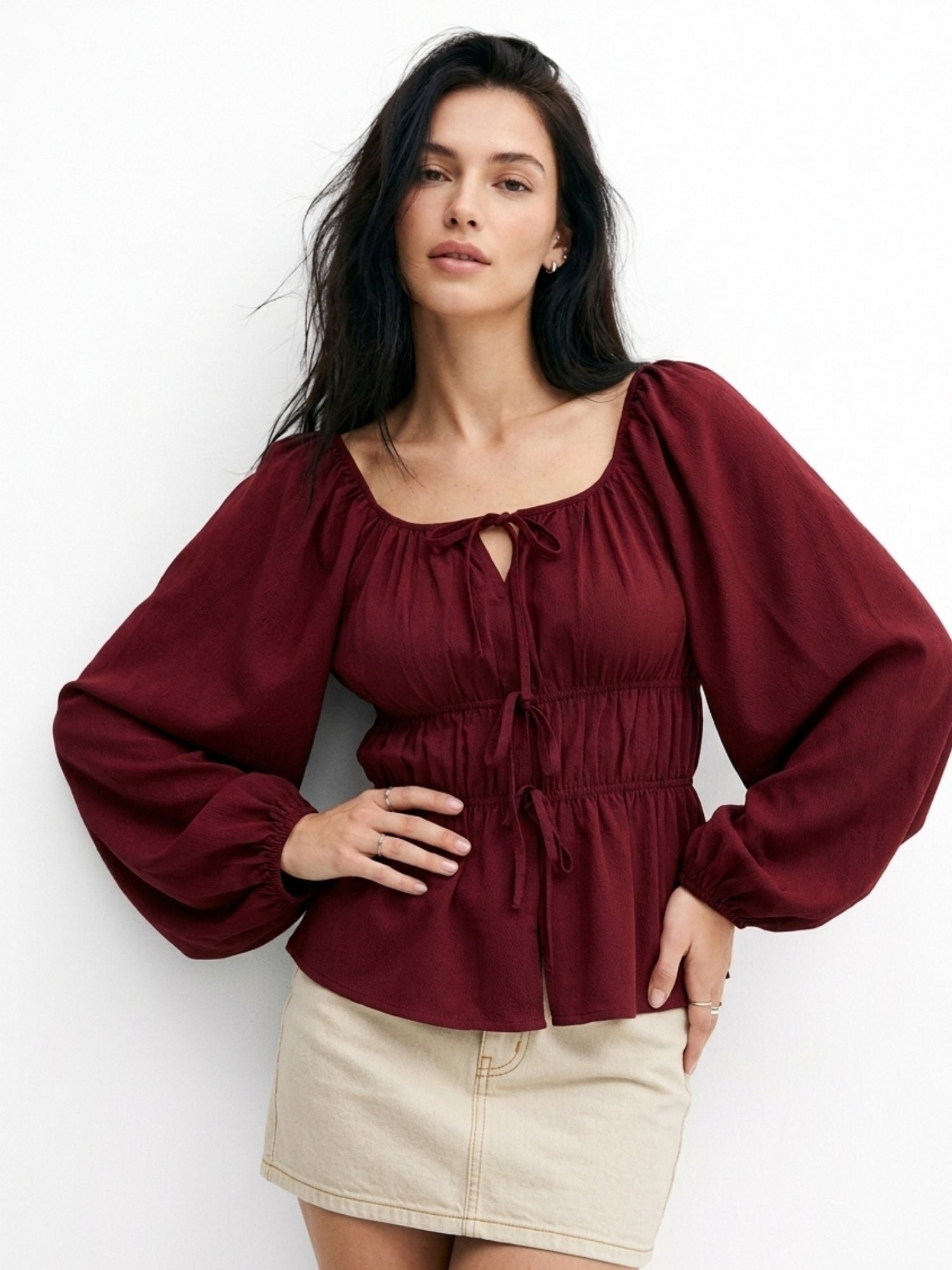 Maroon Long Sleeve Shirred Blouse