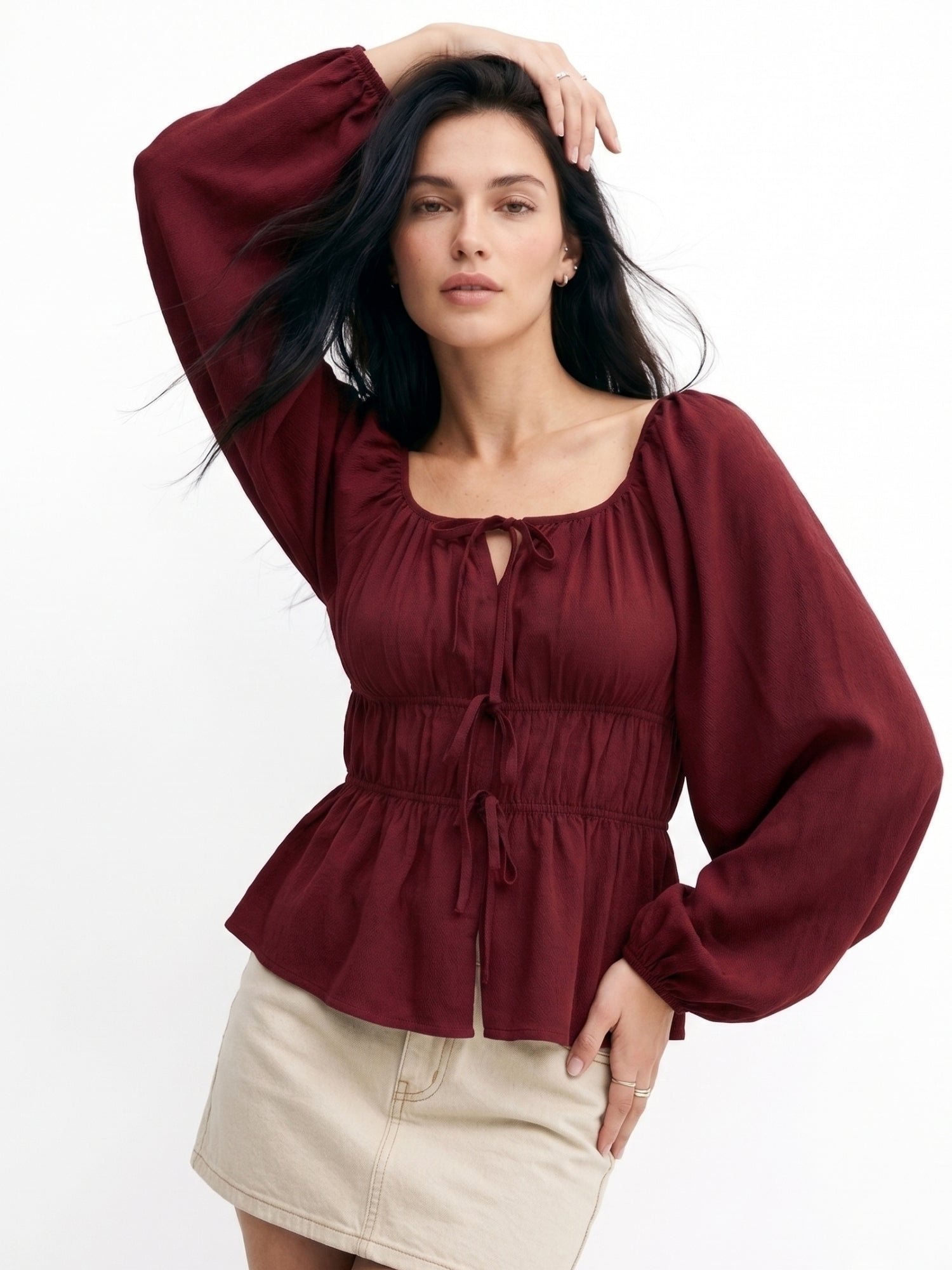 Maroon Long Sleeve Shirred Blouse