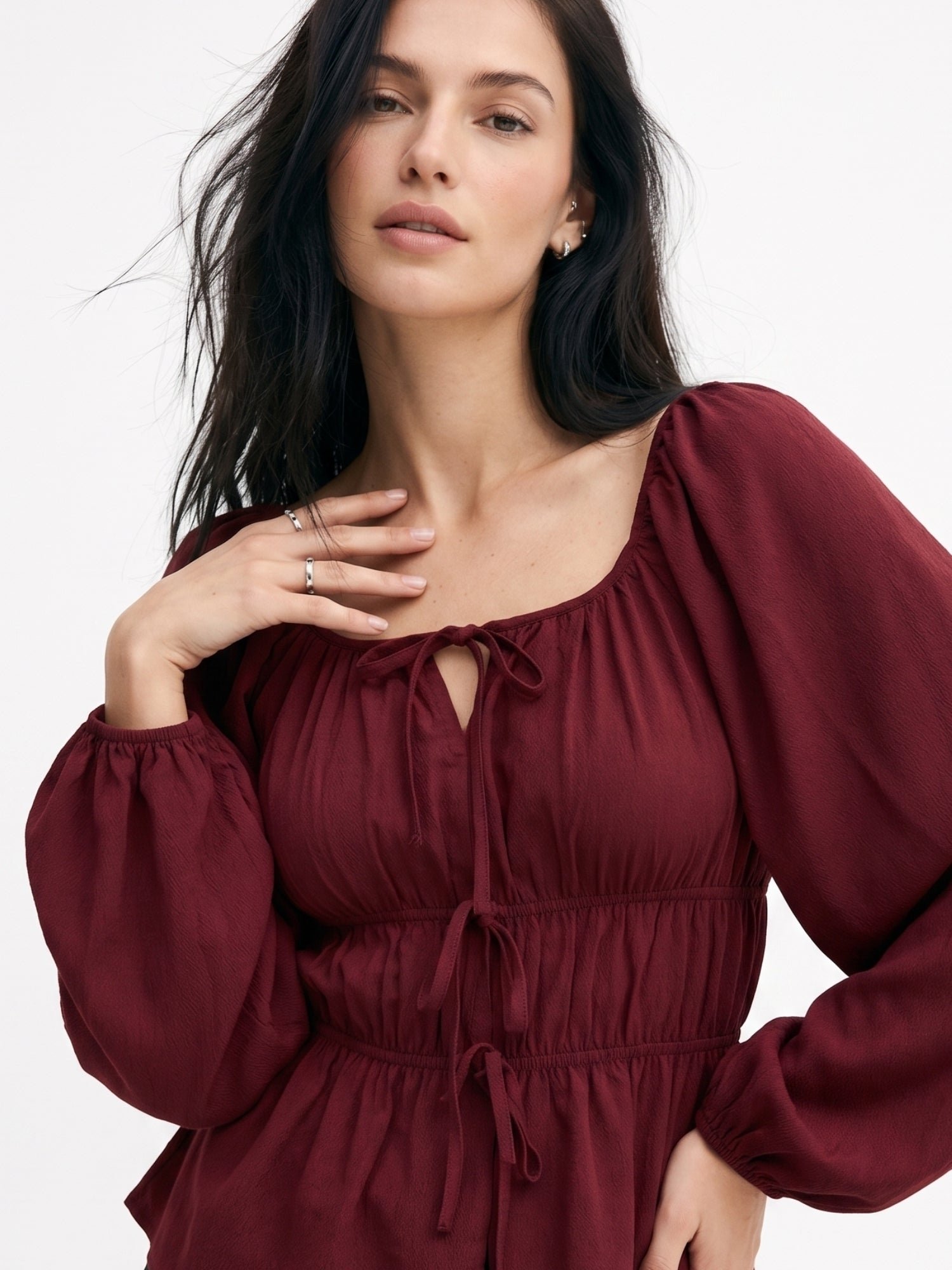 Maroon Long Sleeve Shirred Blouse