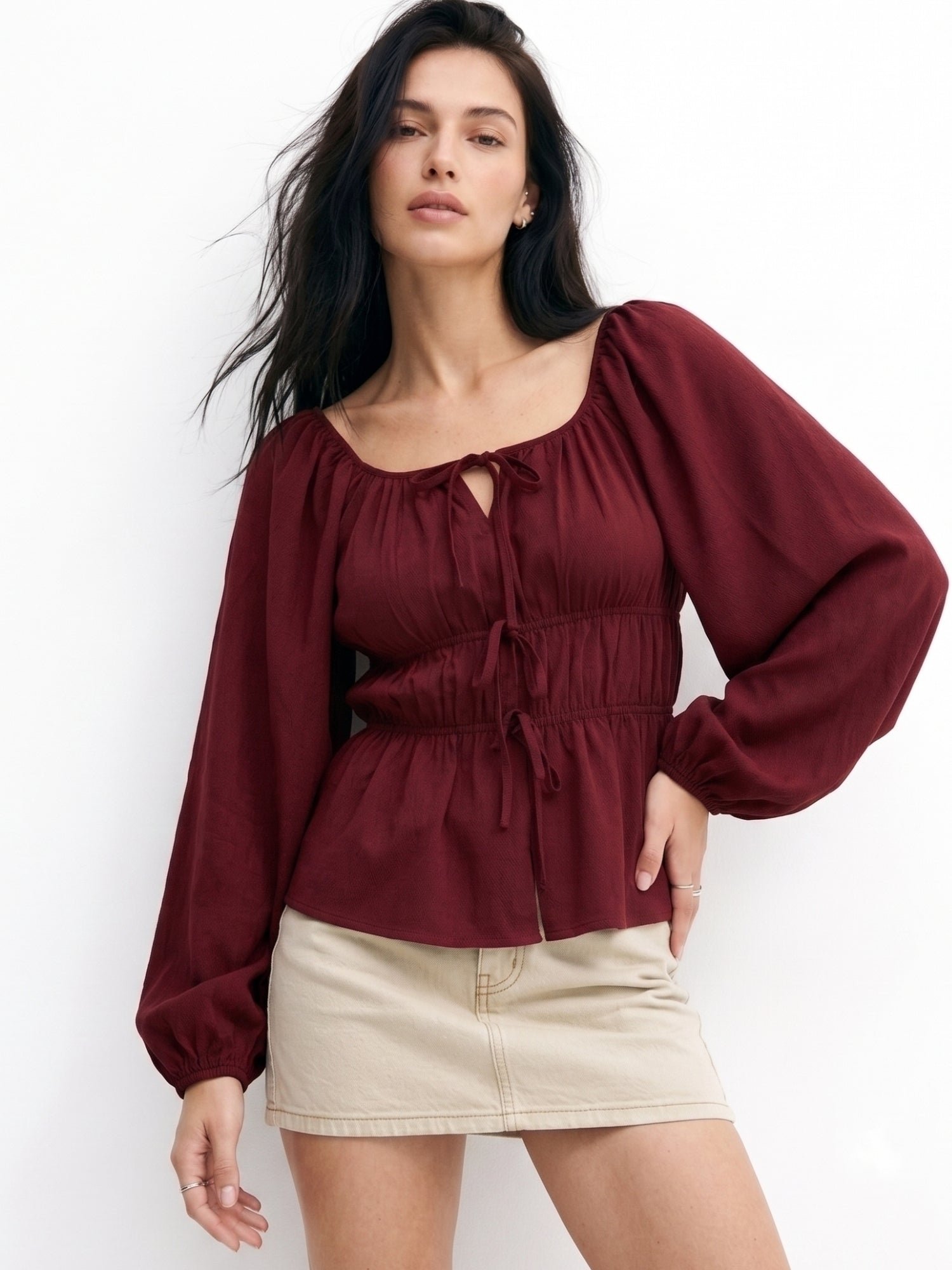 Maroon Long Sleeve Shirred Blouse