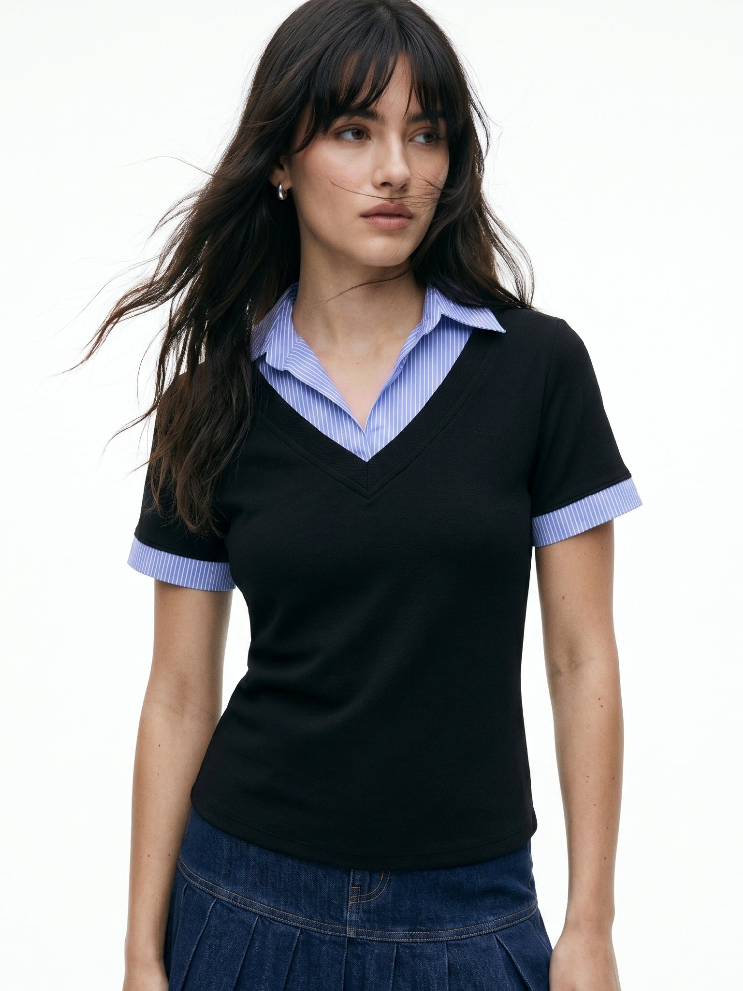Short Sleeve Blue Striped Collar Knit Top