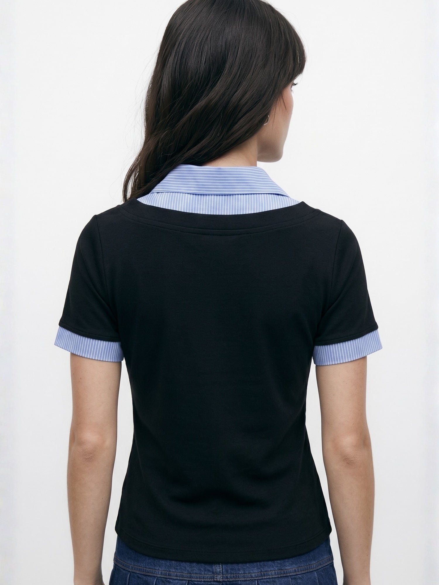 Short Sleeve Blue Striped Collar Knit Top