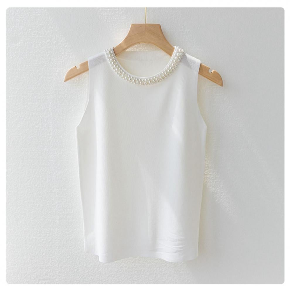 White Sleeveless Pearl Neck Tank Top