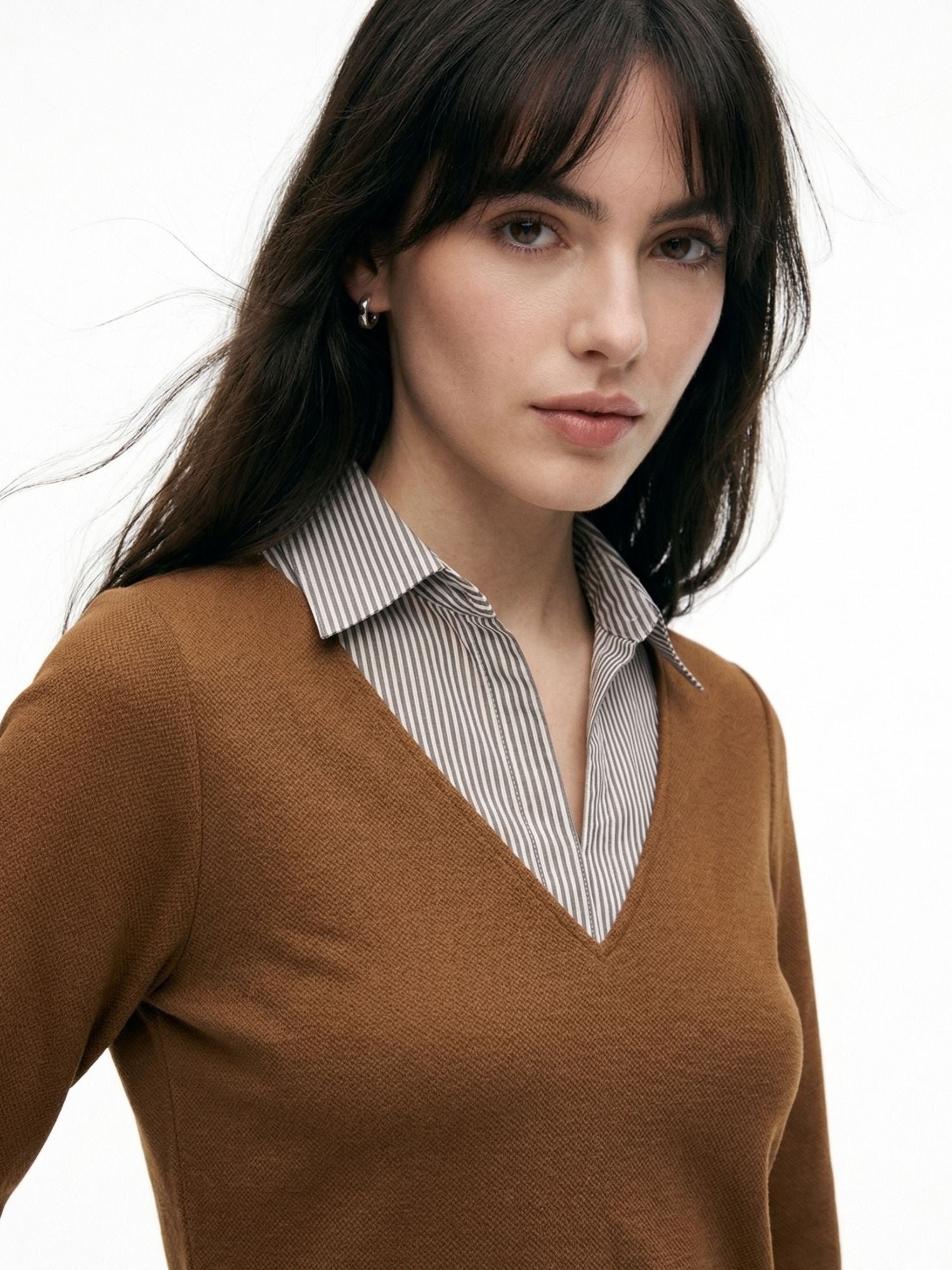 Brown Long Sleeve V-Neck Top with Striped Collar Detail