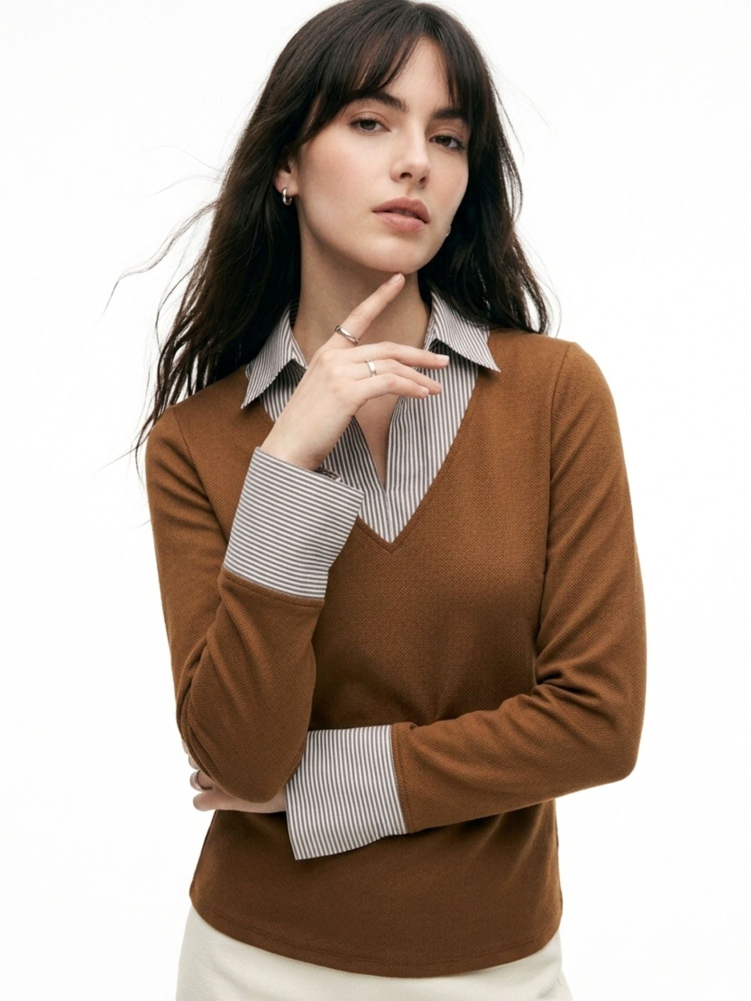 Brown Long Sleeve V-Neck Top with Striped Collar Detail
