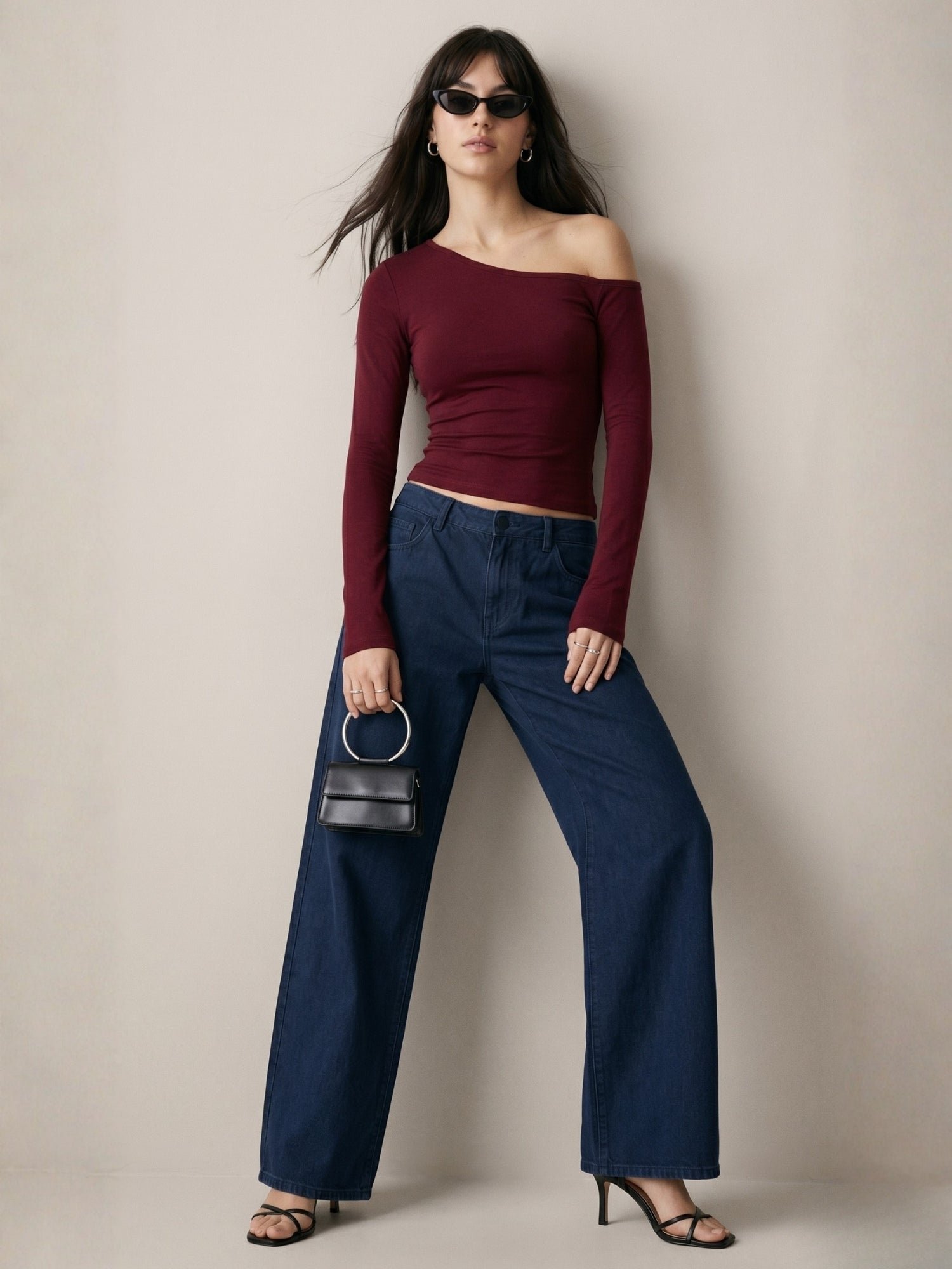 Maroon Long Sleeve Off-Shoulder Ribbed T-Shirt