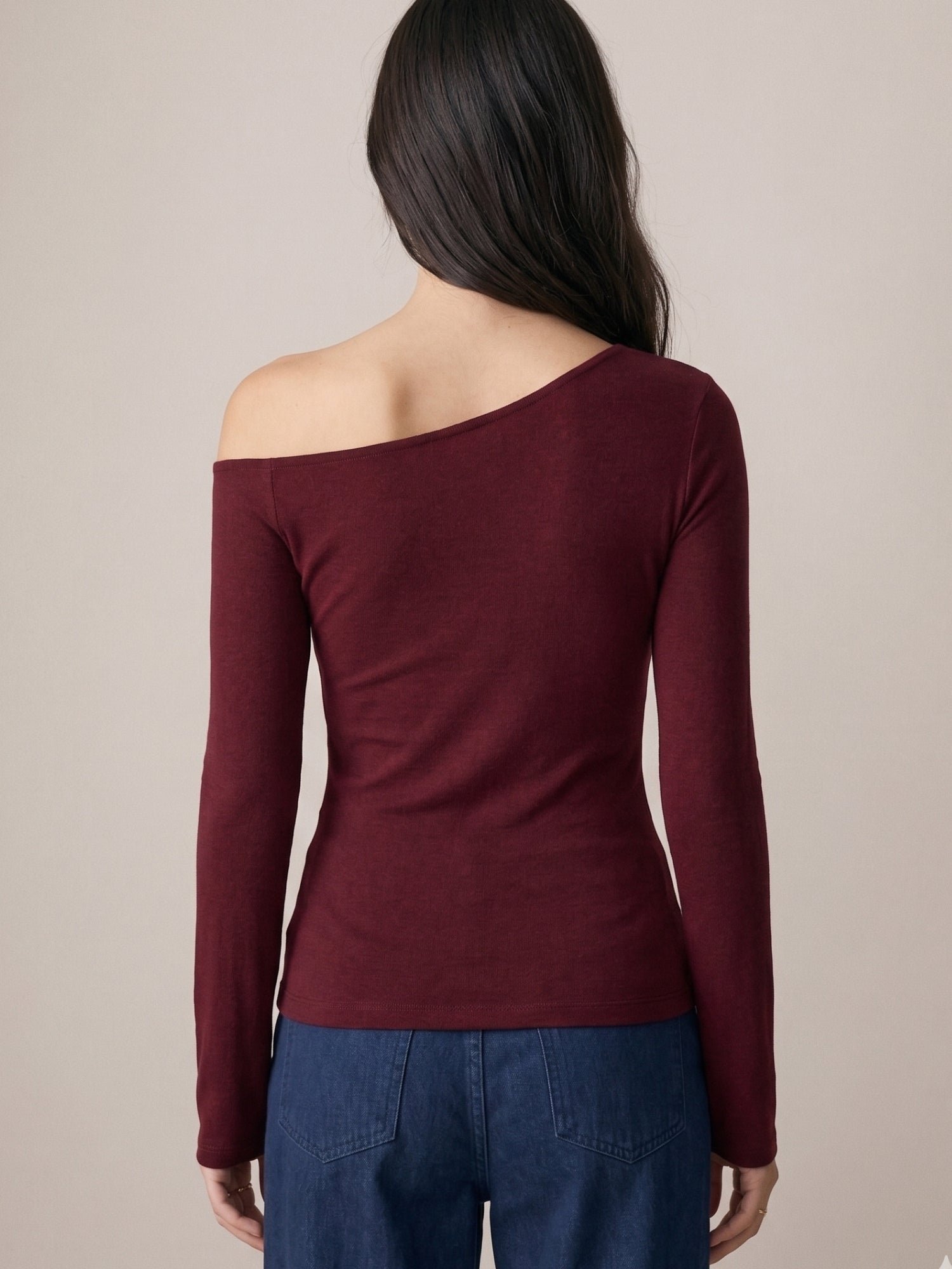 Maroon Long Sleeve Off-Shoulder Ribbed T-Shirt