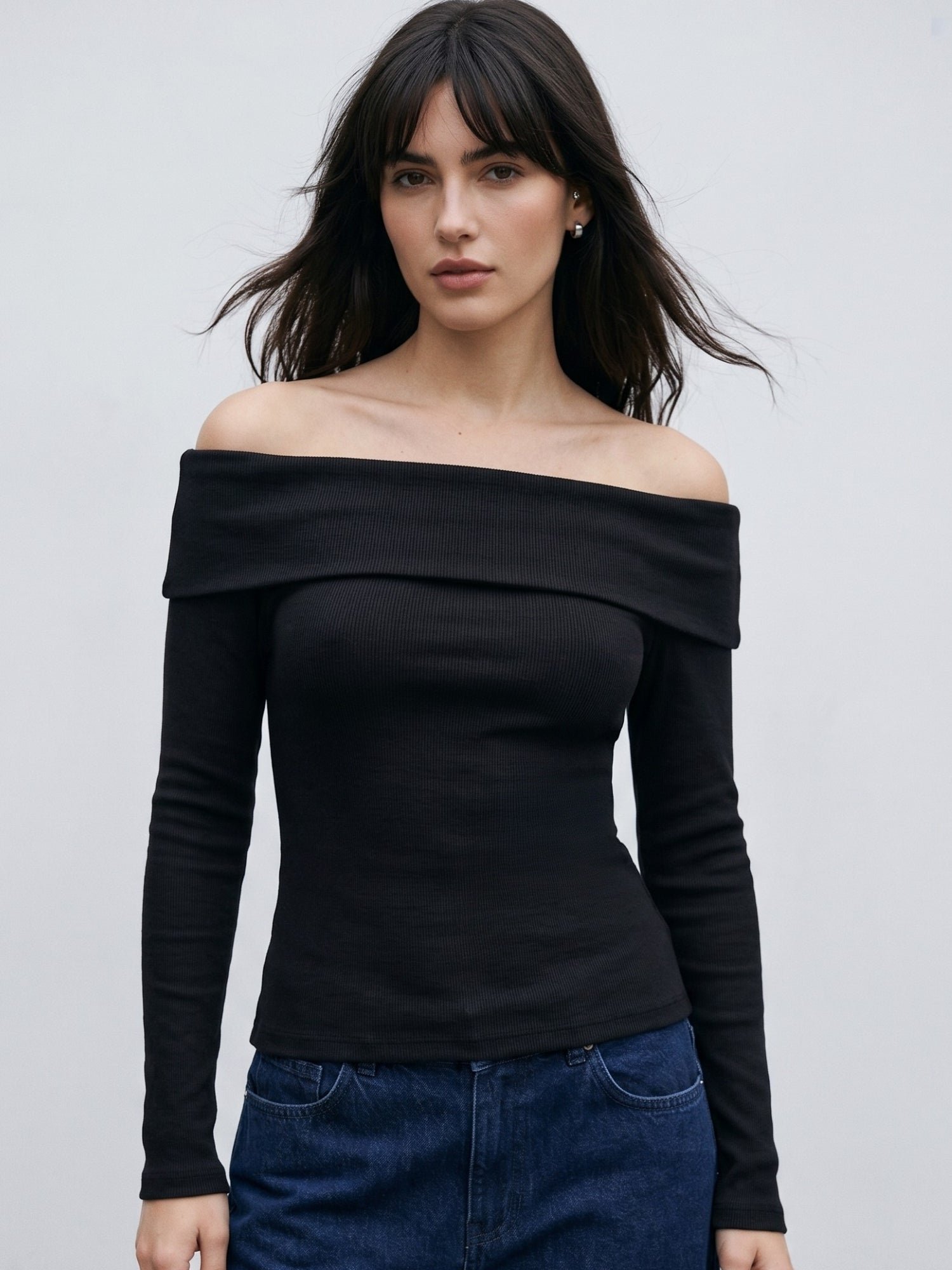 Black Long Sleeve Off-Shoulder Ribbed Knit Top