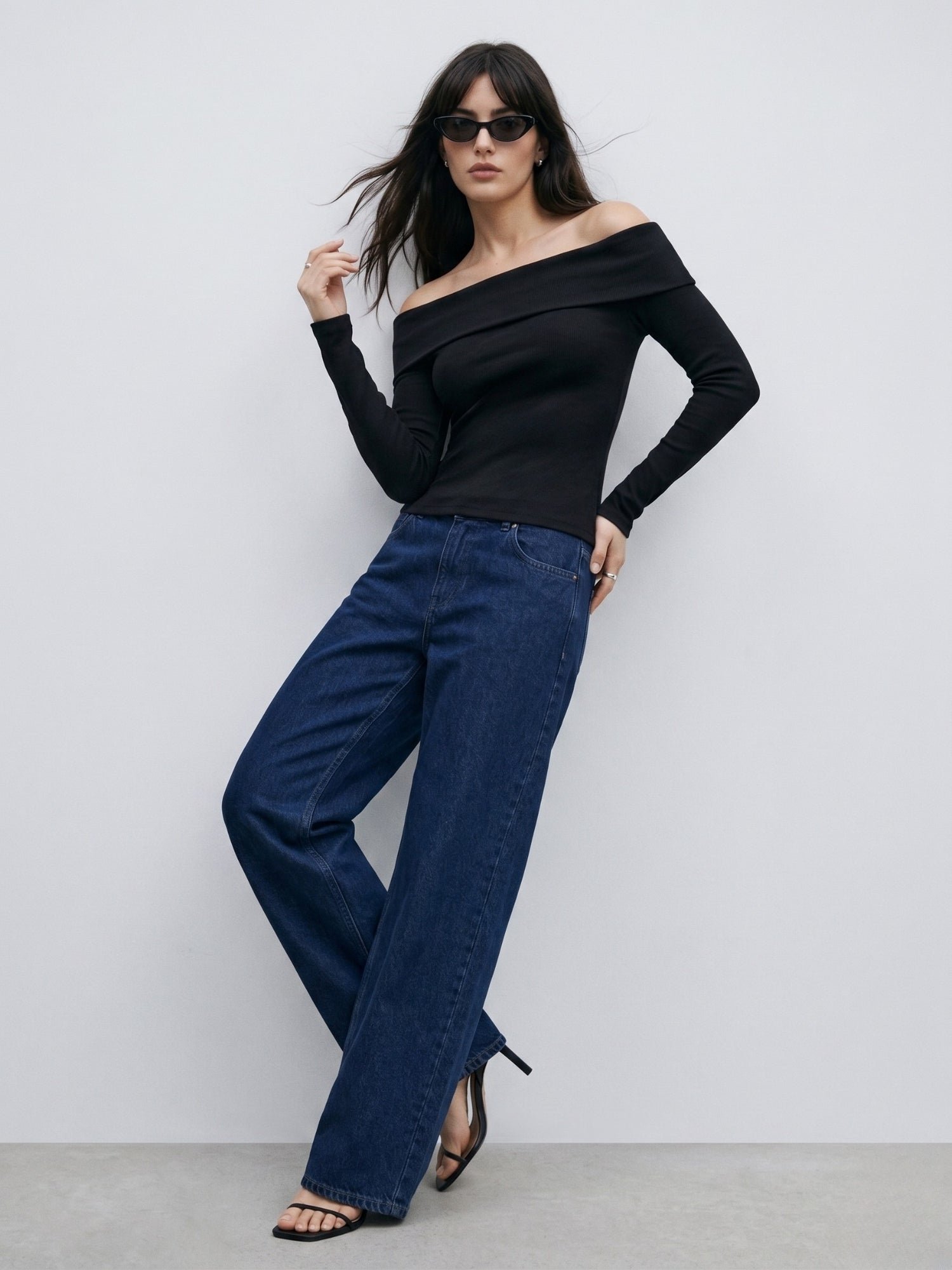 Black Long Sleeve Off-Shoulder Ribbed Knit Top