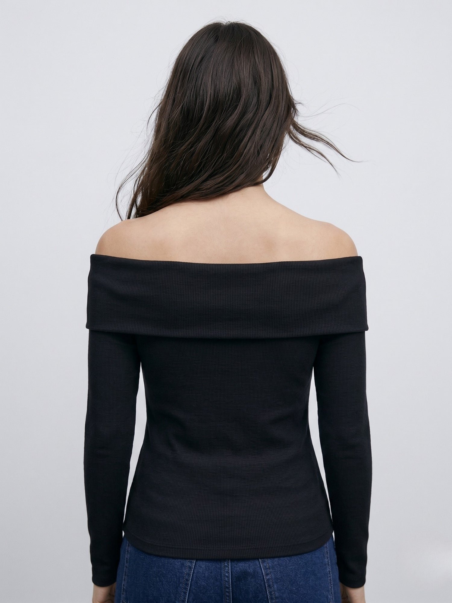 Black Long Sleeve Off-Shoulder Ribbed Knit Top