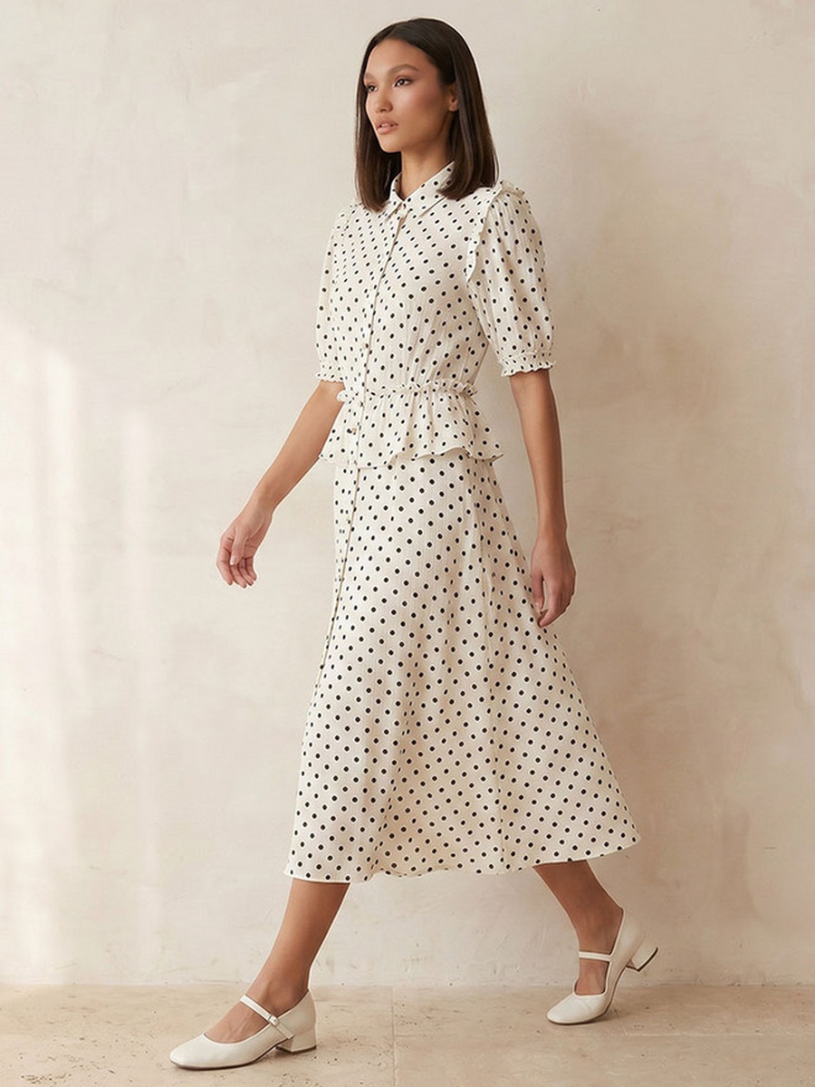 Polka Dot Print Shirt Dress with Ruffles