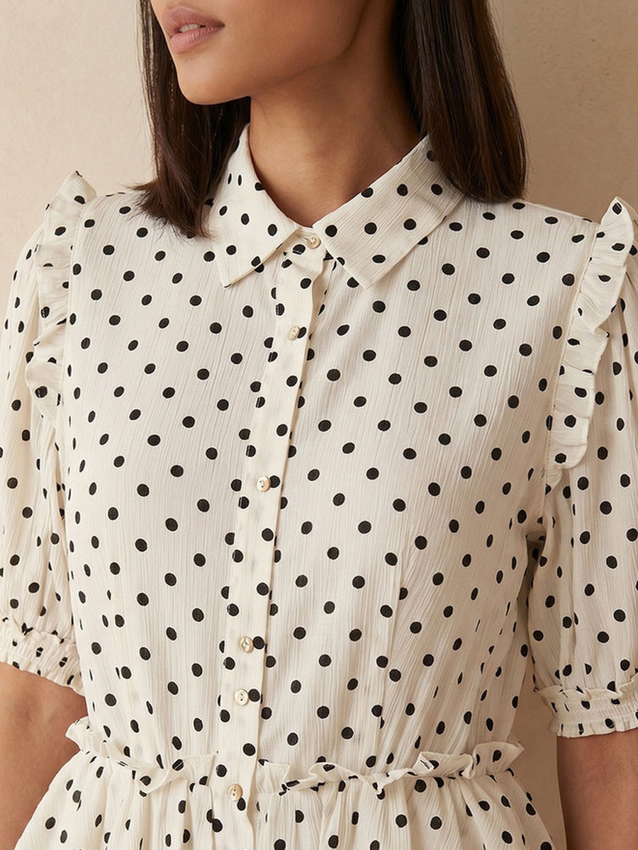 Polka Dot Print Shirt Dress with Ruffles