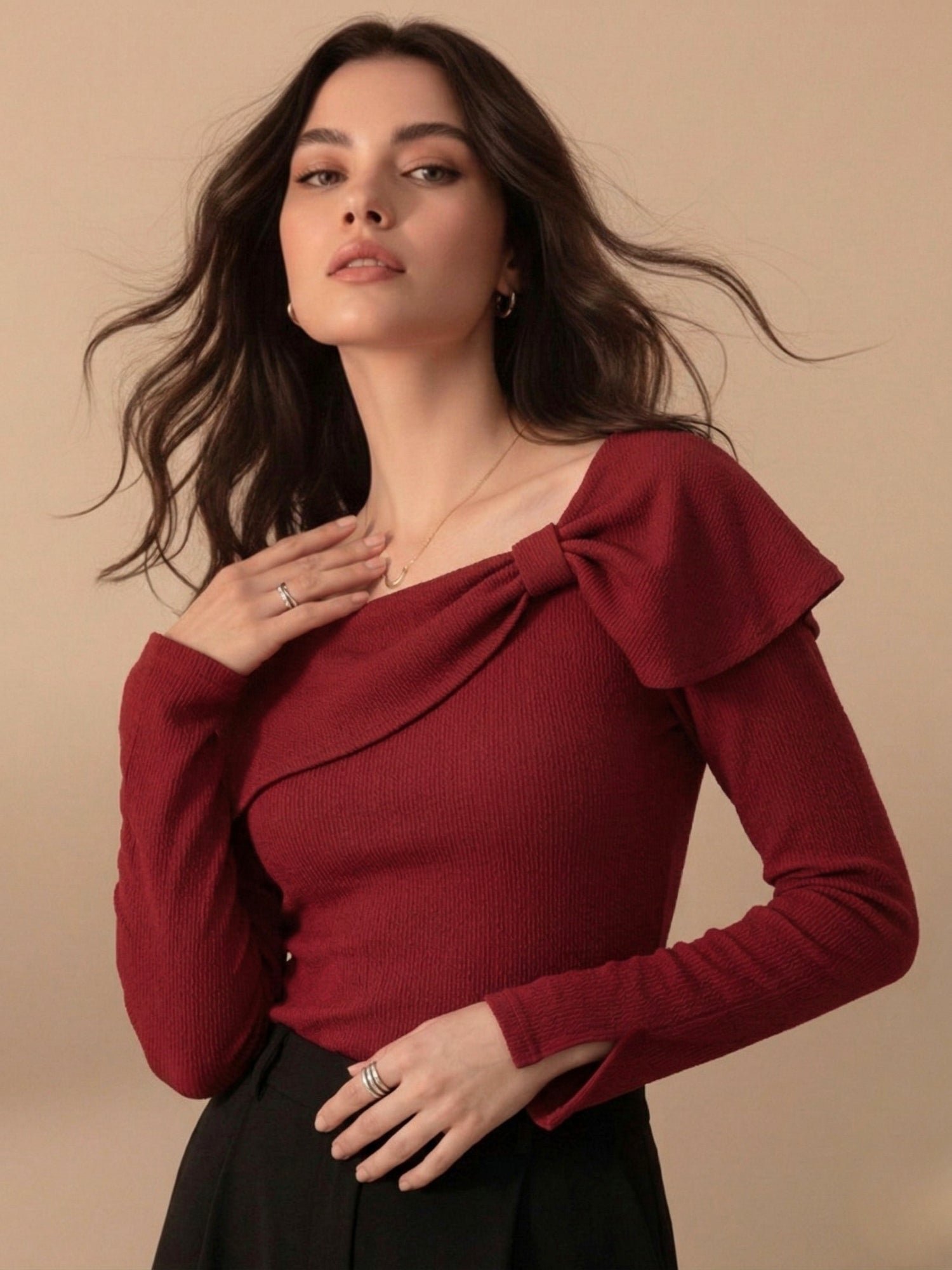 Red Long Sleeve Bow Detail Top