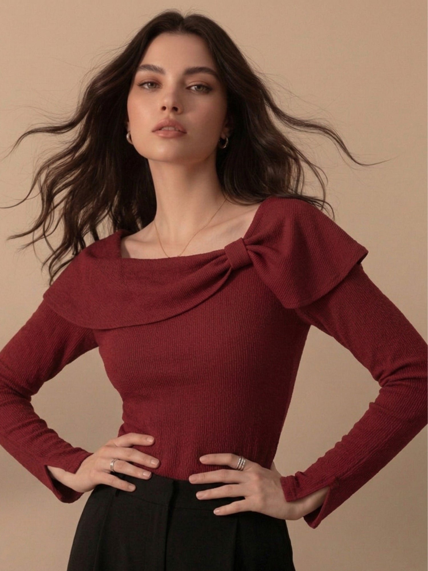 Red Long Sleeve Bow Detail Top
