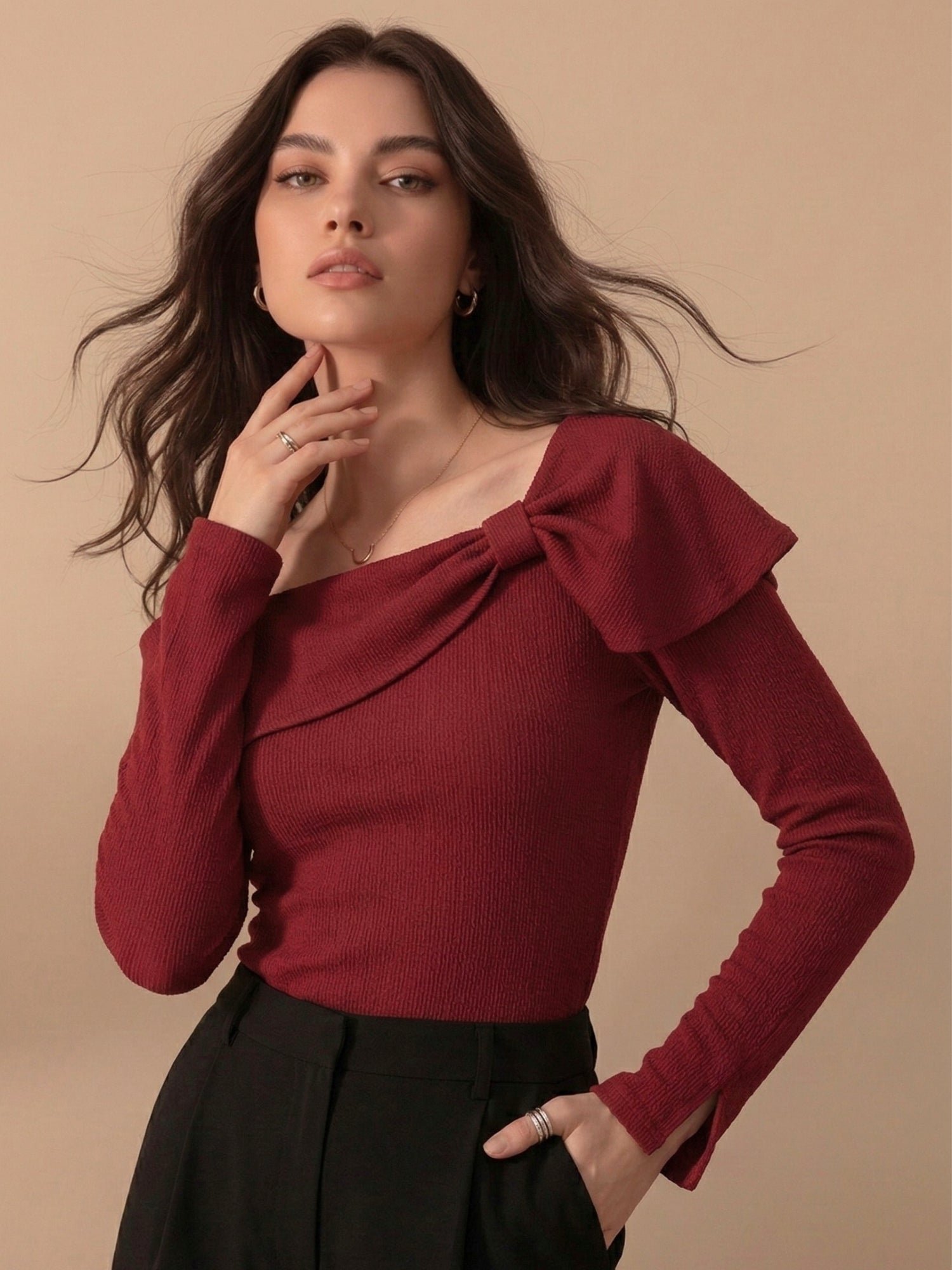 Red Long Sleeve Bow Detail Top