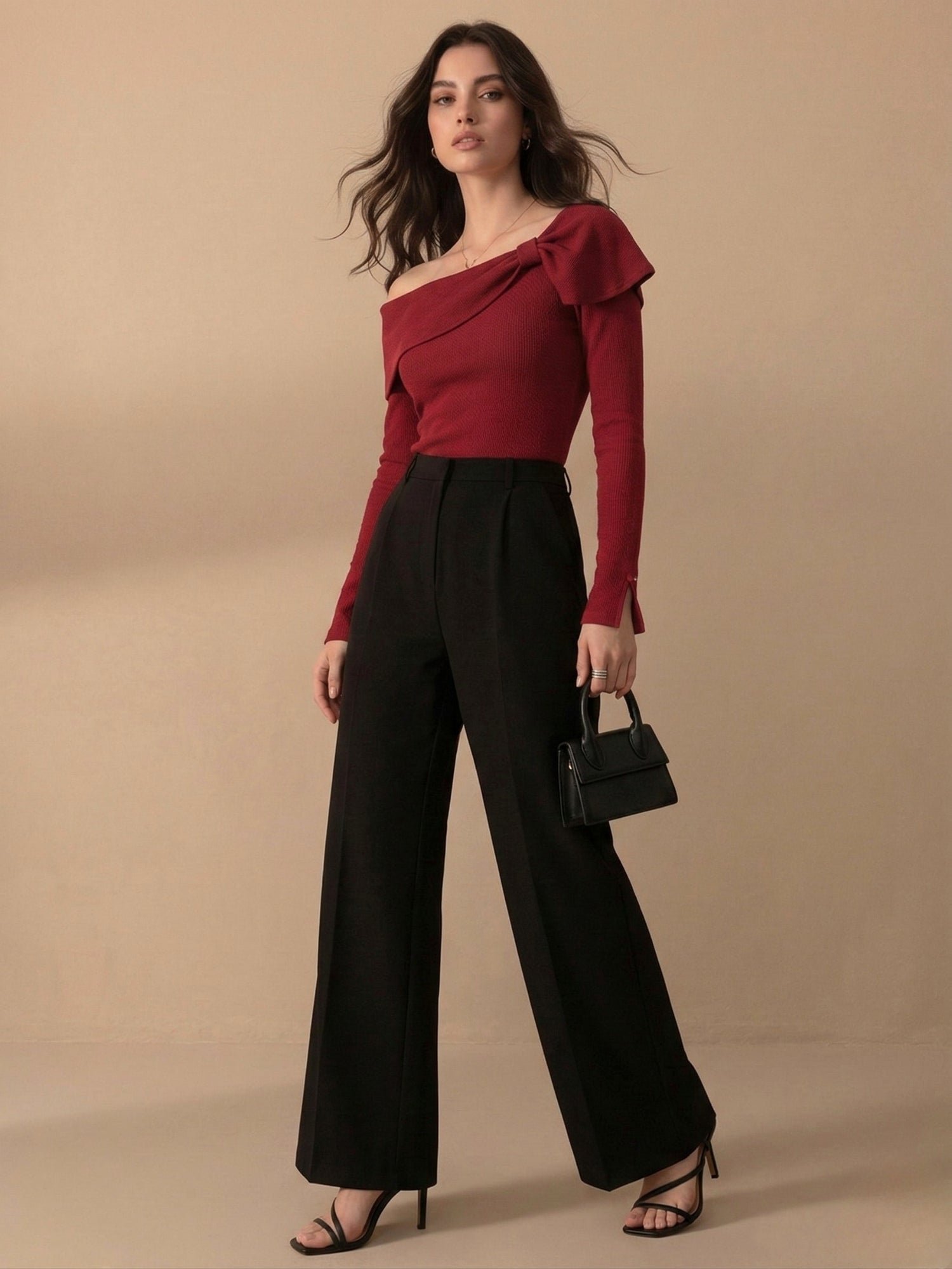 Red Long Sleeve Bow Detail Top