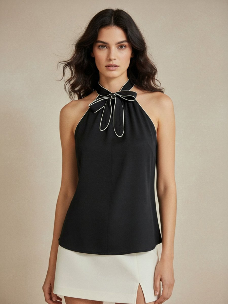 Black Sleeveless Halter Top with Bow Detail