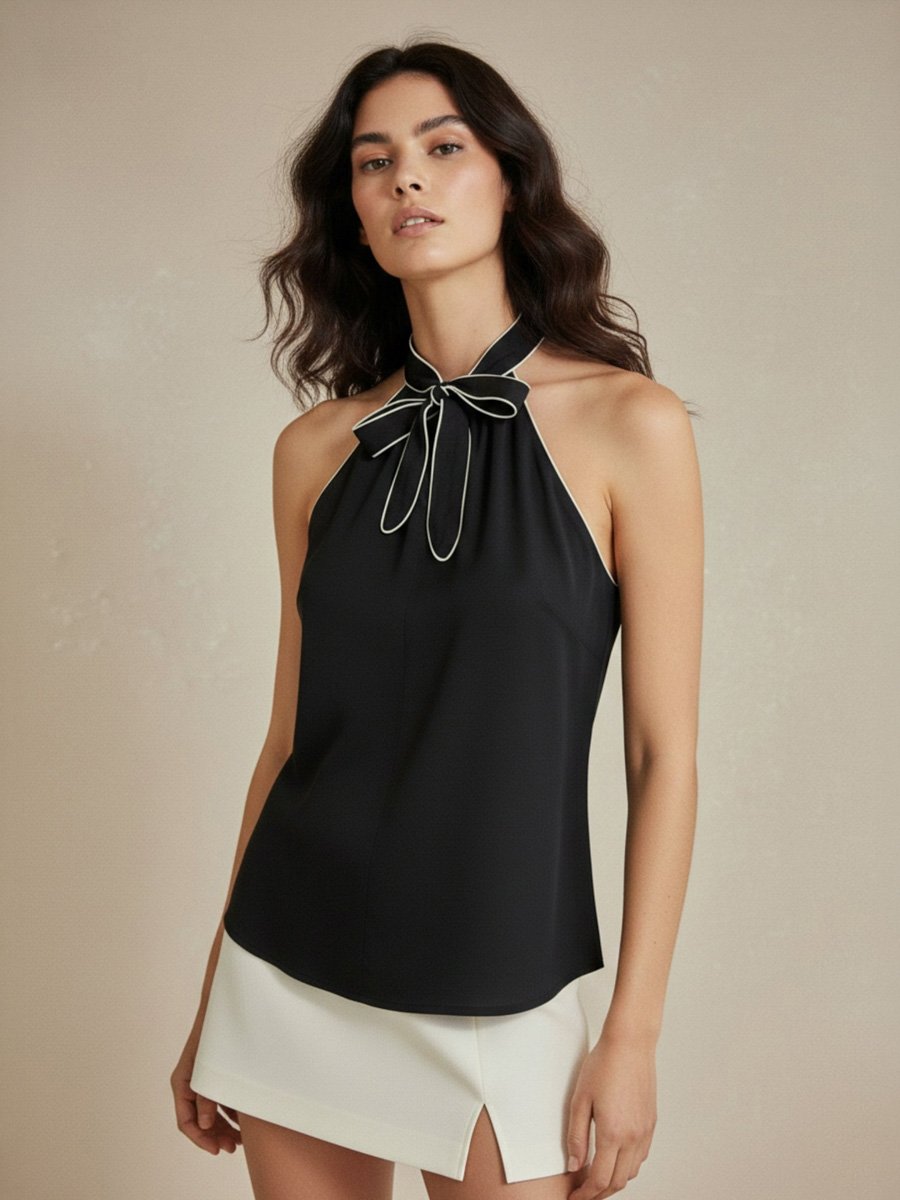 Black Sleeveless Halter Top with Bow Detail