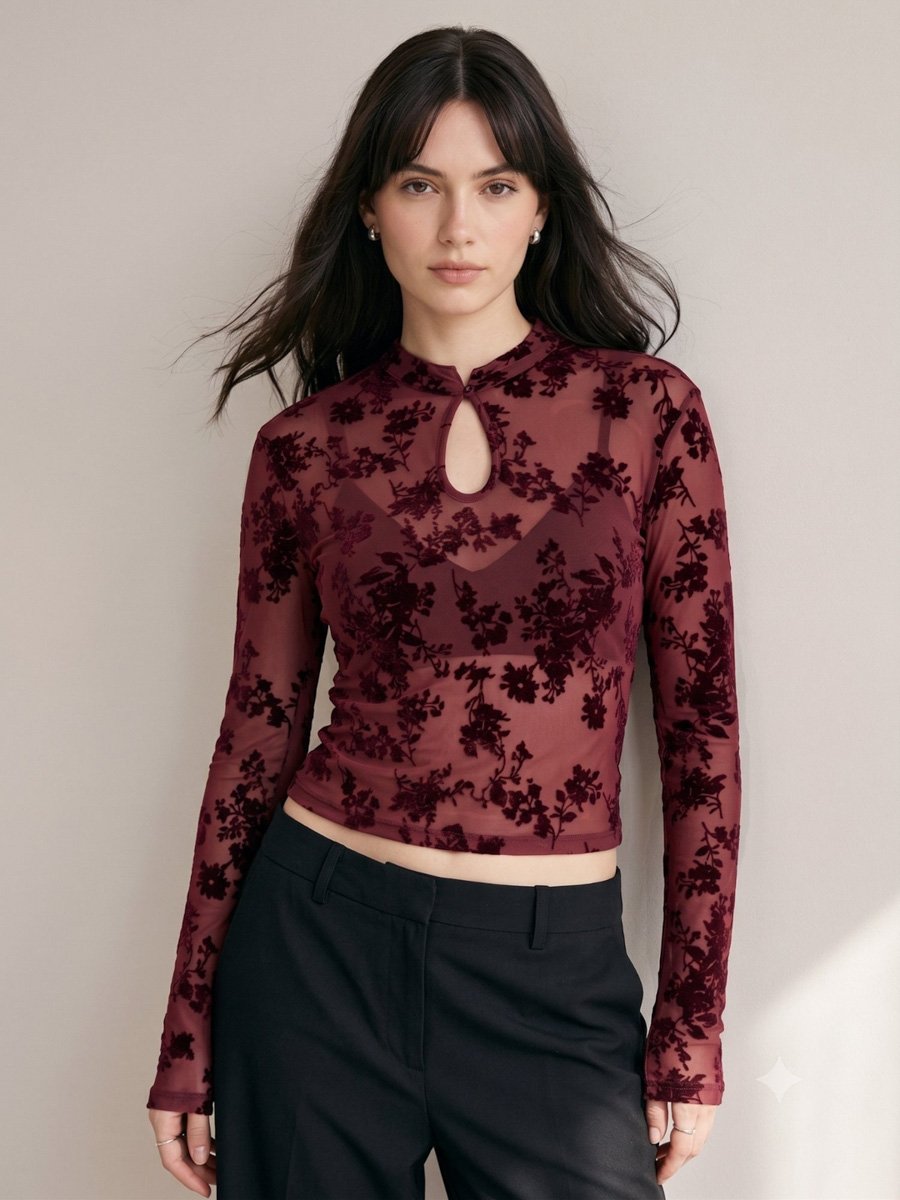 Maroon Lace Detail Key Hole Top