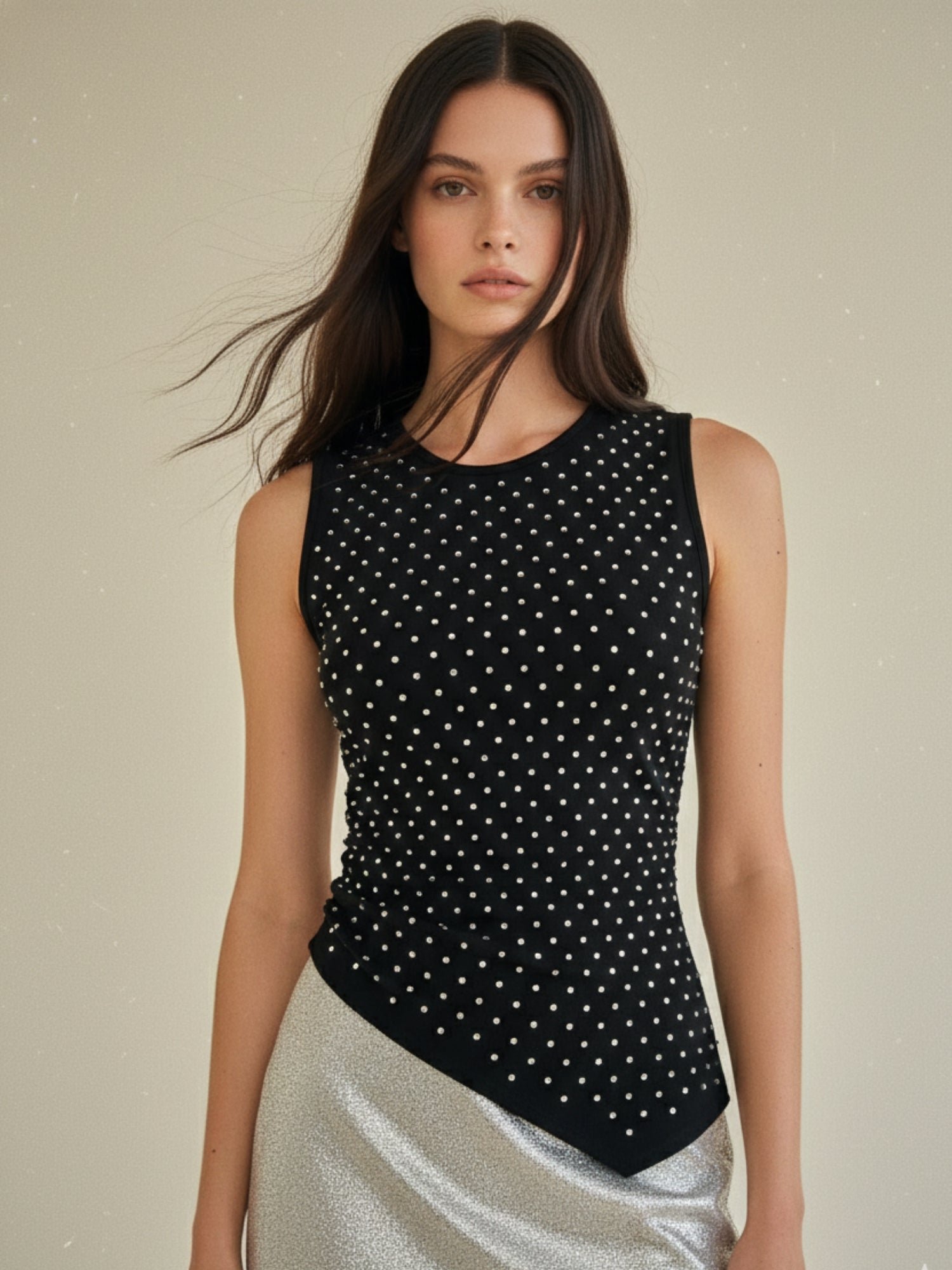Black Sleeveless Embellished Asymmetric Top