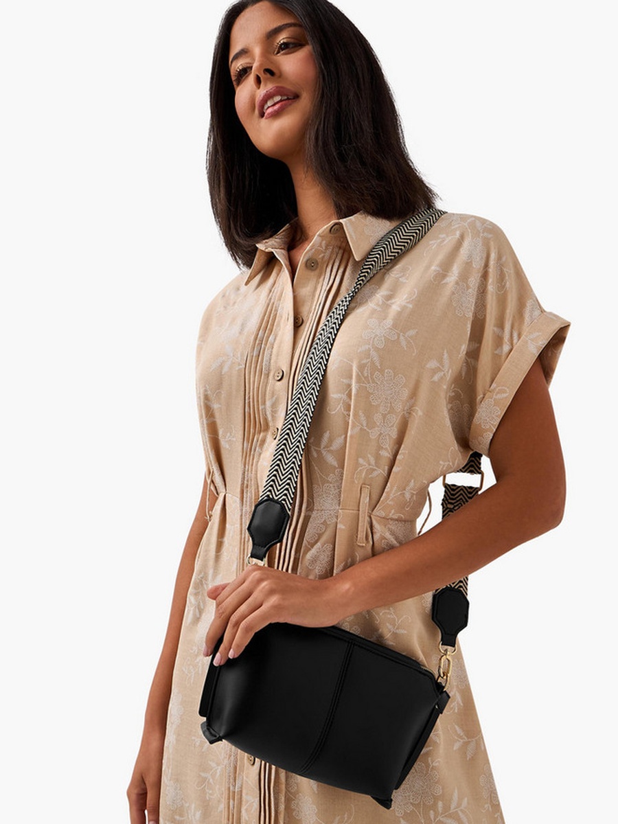 Textured Crossbody Bag with Printed Strap