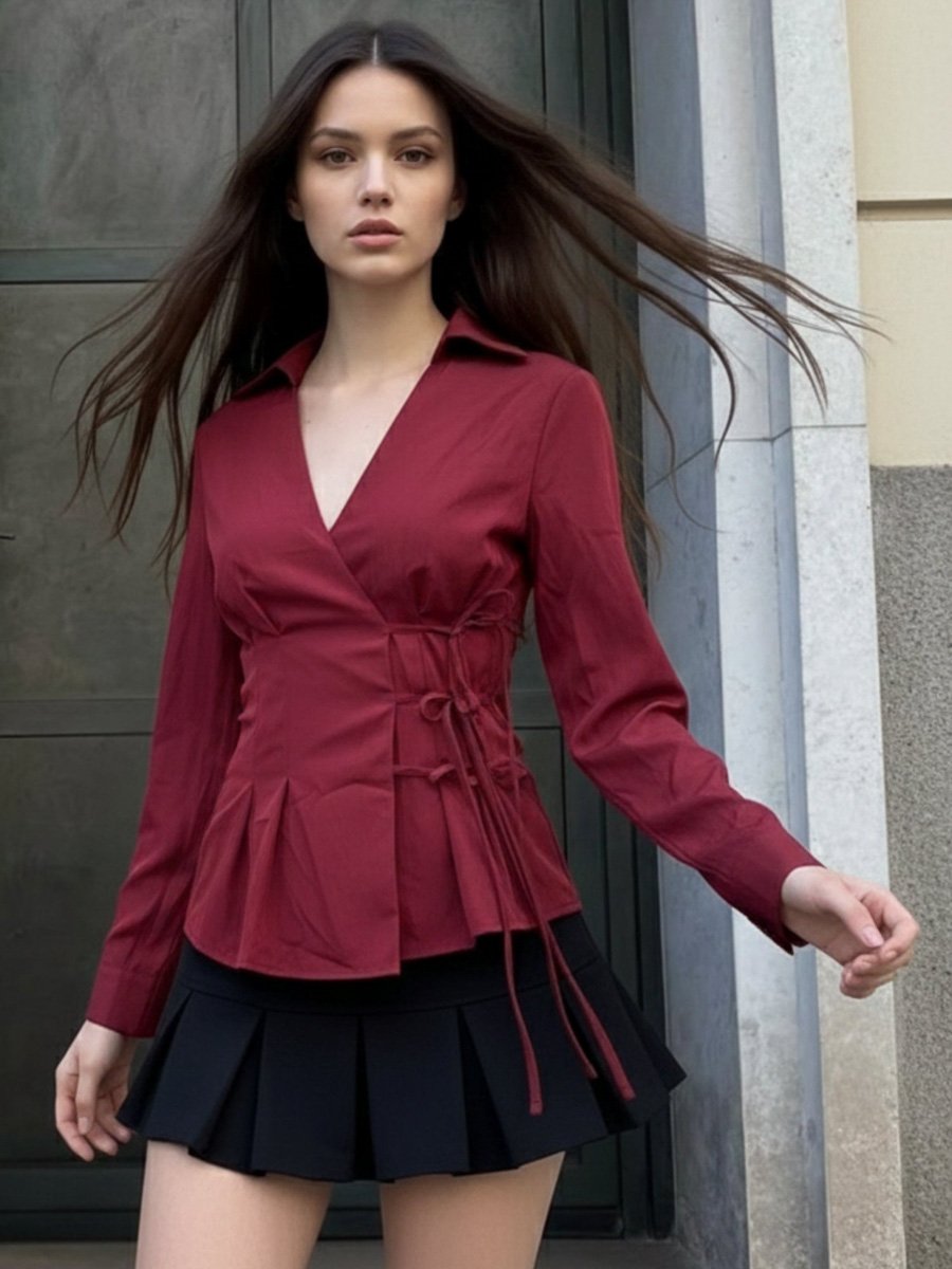 Maroon Long Sleeve Wrap Blouse