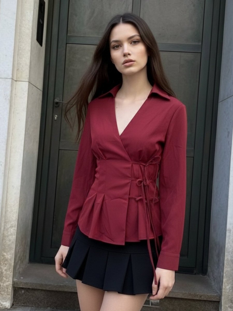 Maroon Long Sleeve Wrap Blouse
