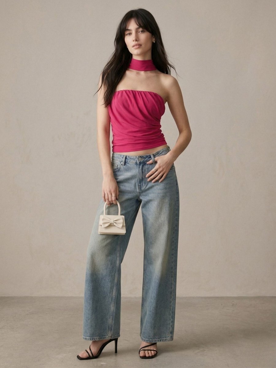 Pink Solid Tube Mesh Top With Scarf Detail
