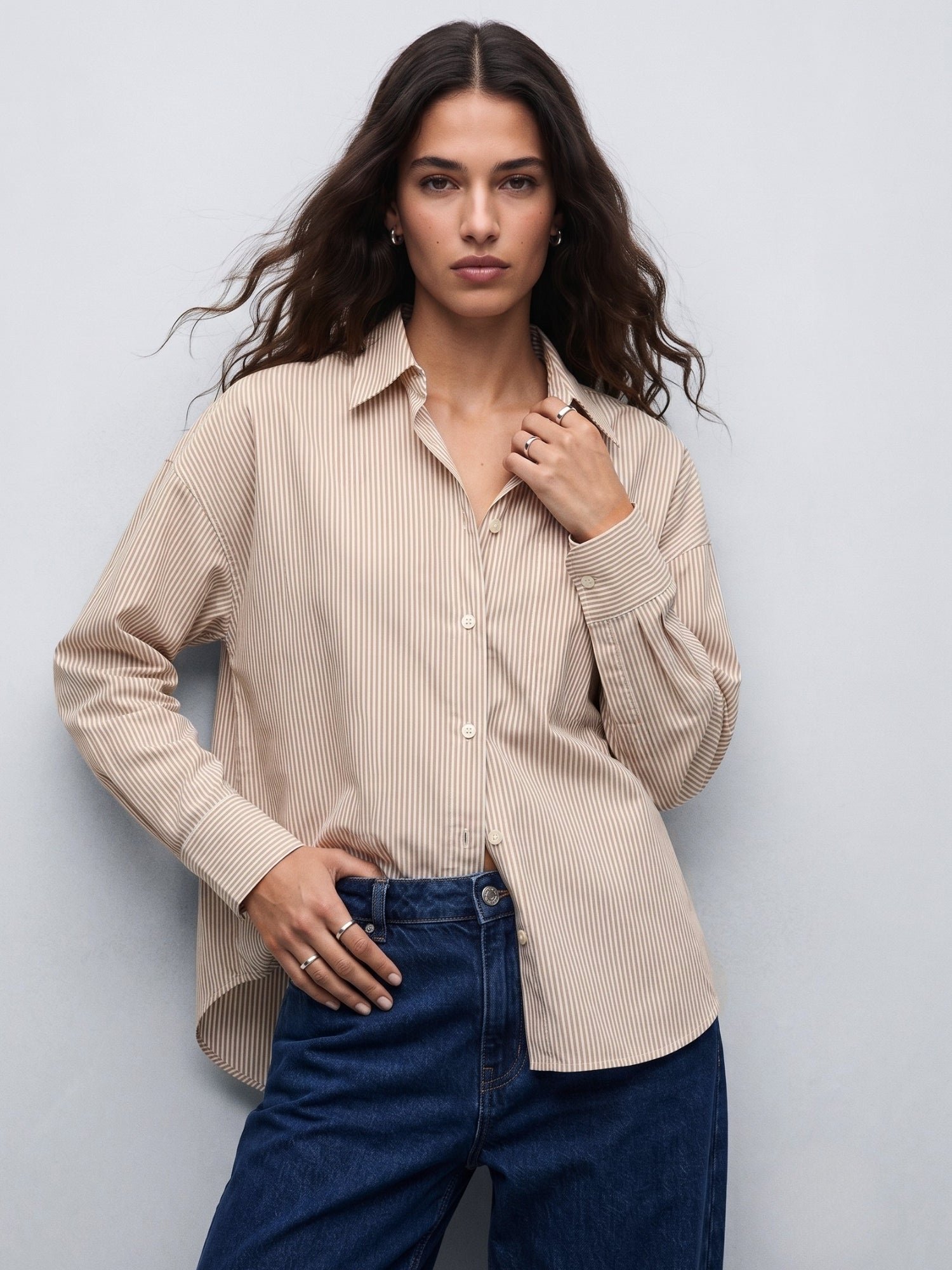 Striped Long Sleeve Oversized Shirt - Brown