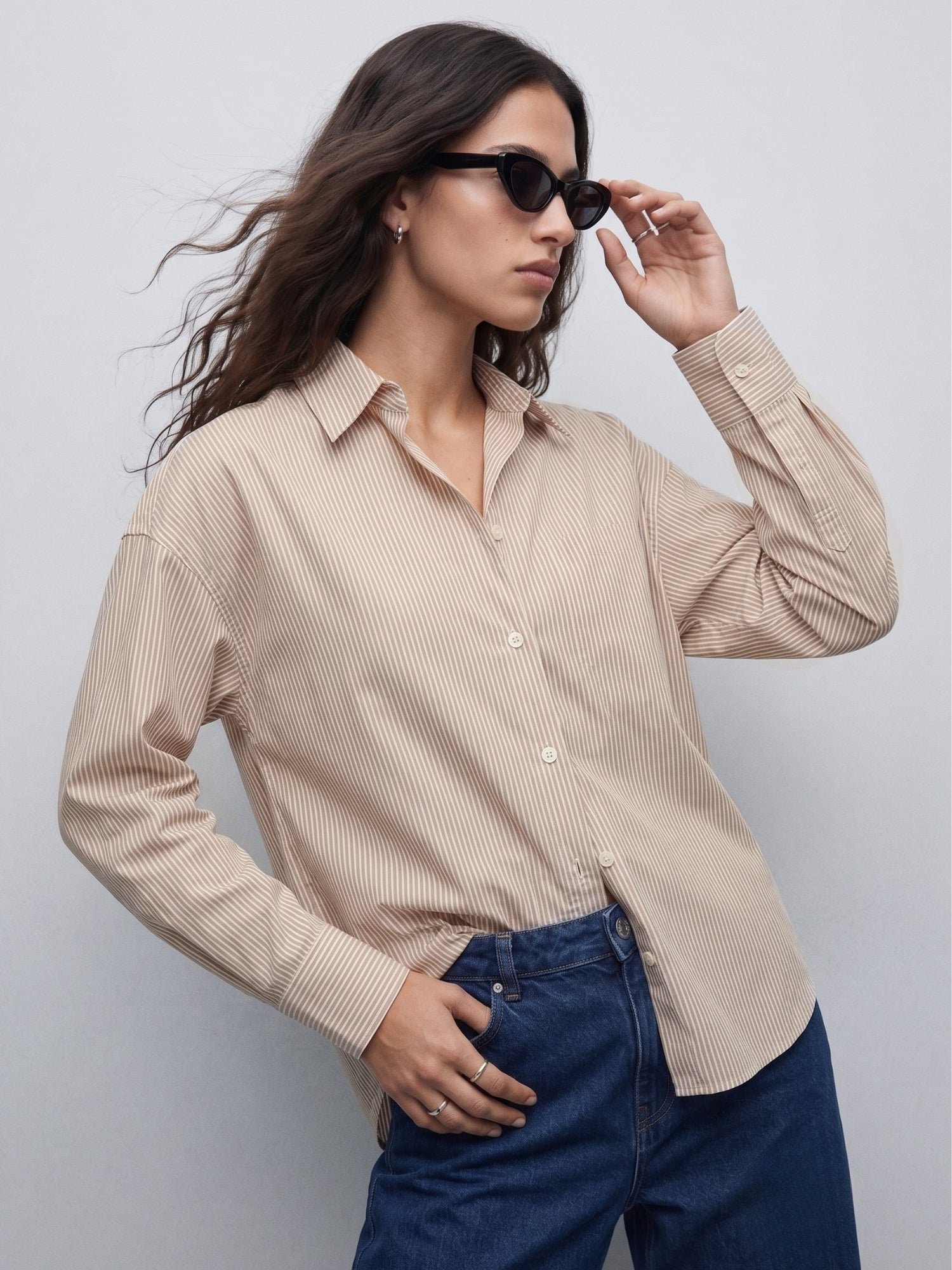 Striped Long Sleeve Oversized Shirt - Brown