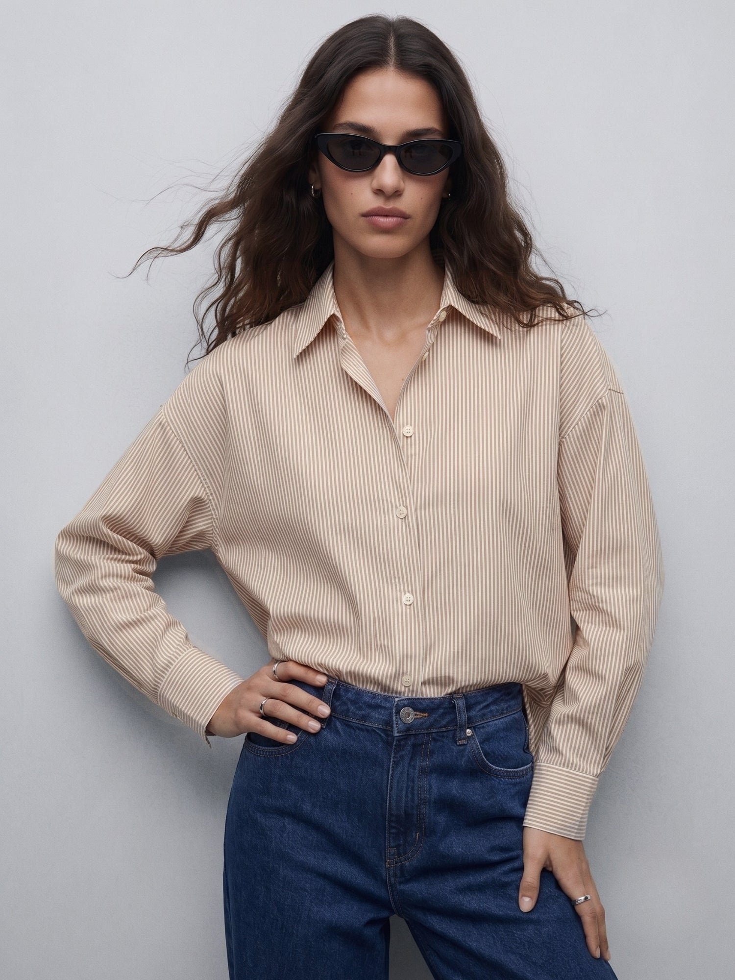 Striped Long Sleeve Oversized Shirt - Brown