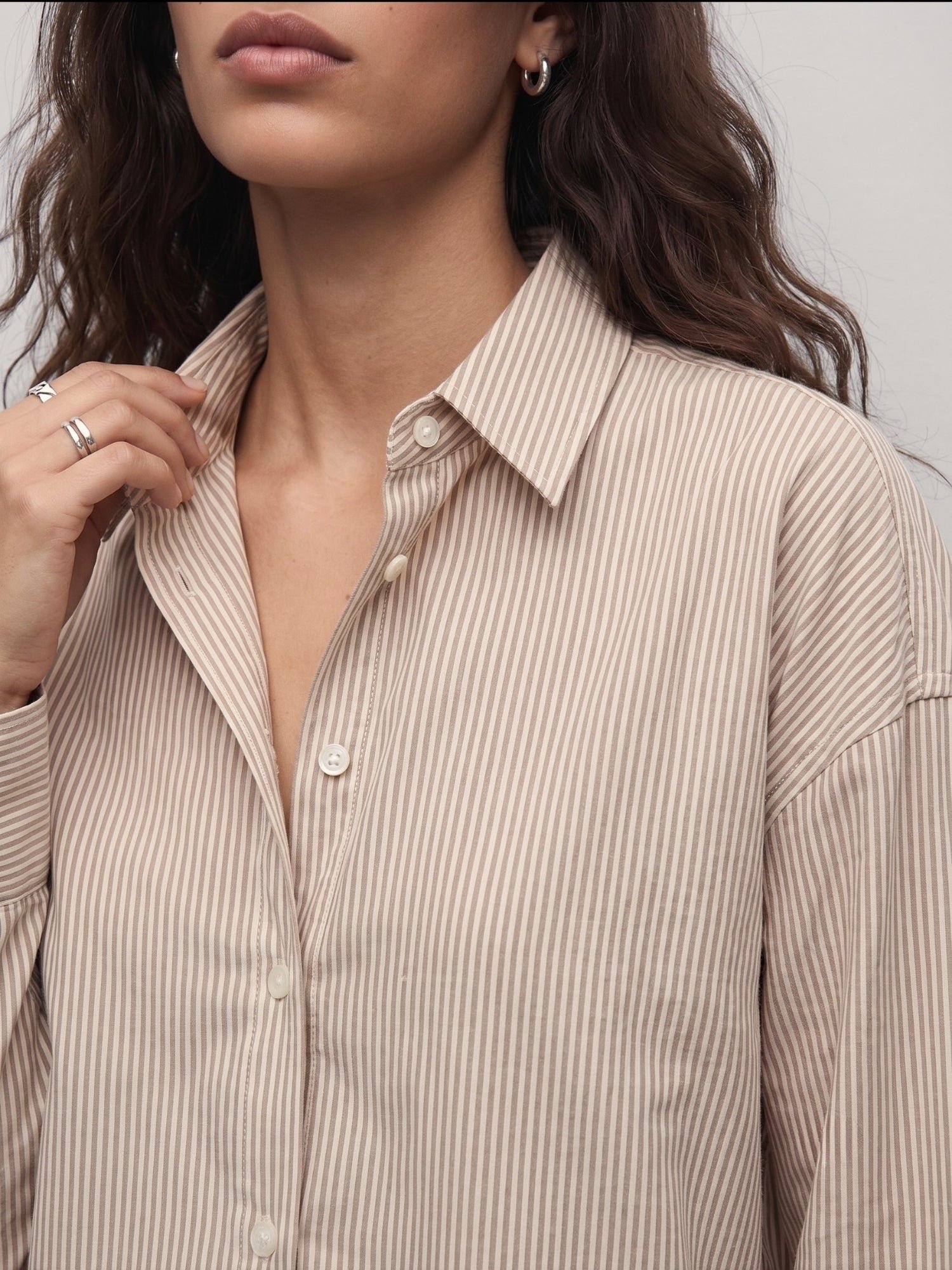Striped Long Sleeve Oversized Shirt - Brown