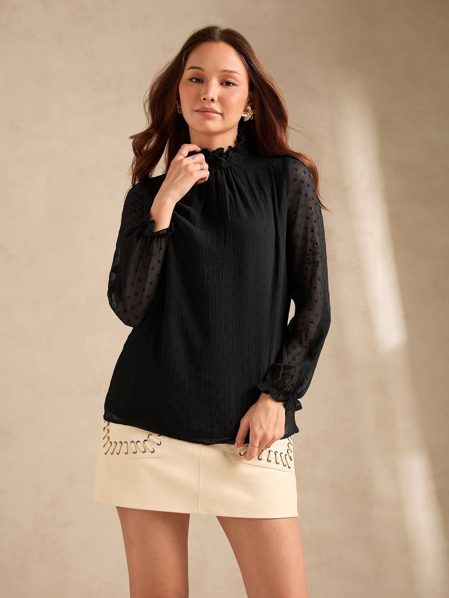 Black Dobby Long Sleeve Blouse