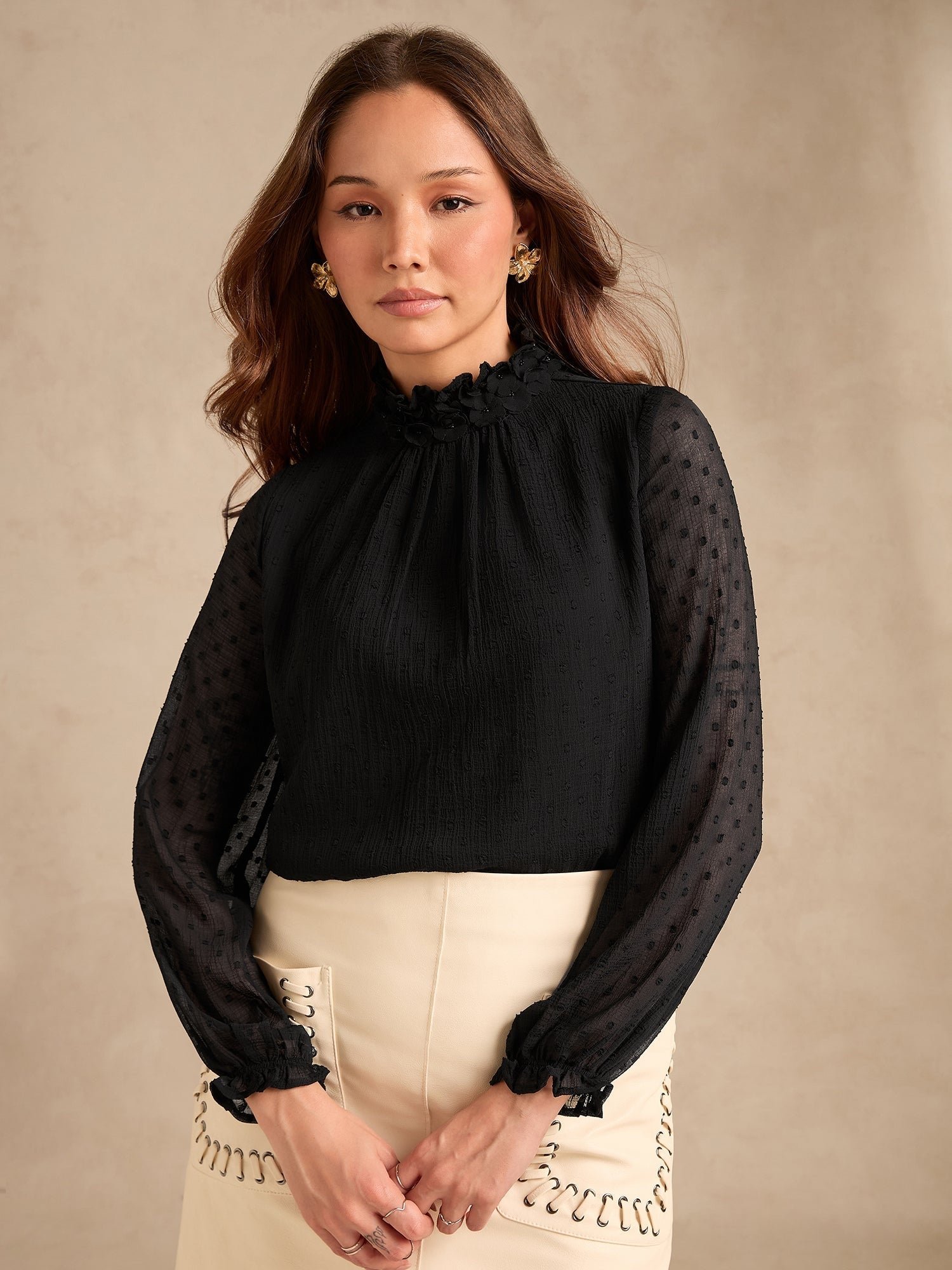Black Dobby Long Sleeve Blouse