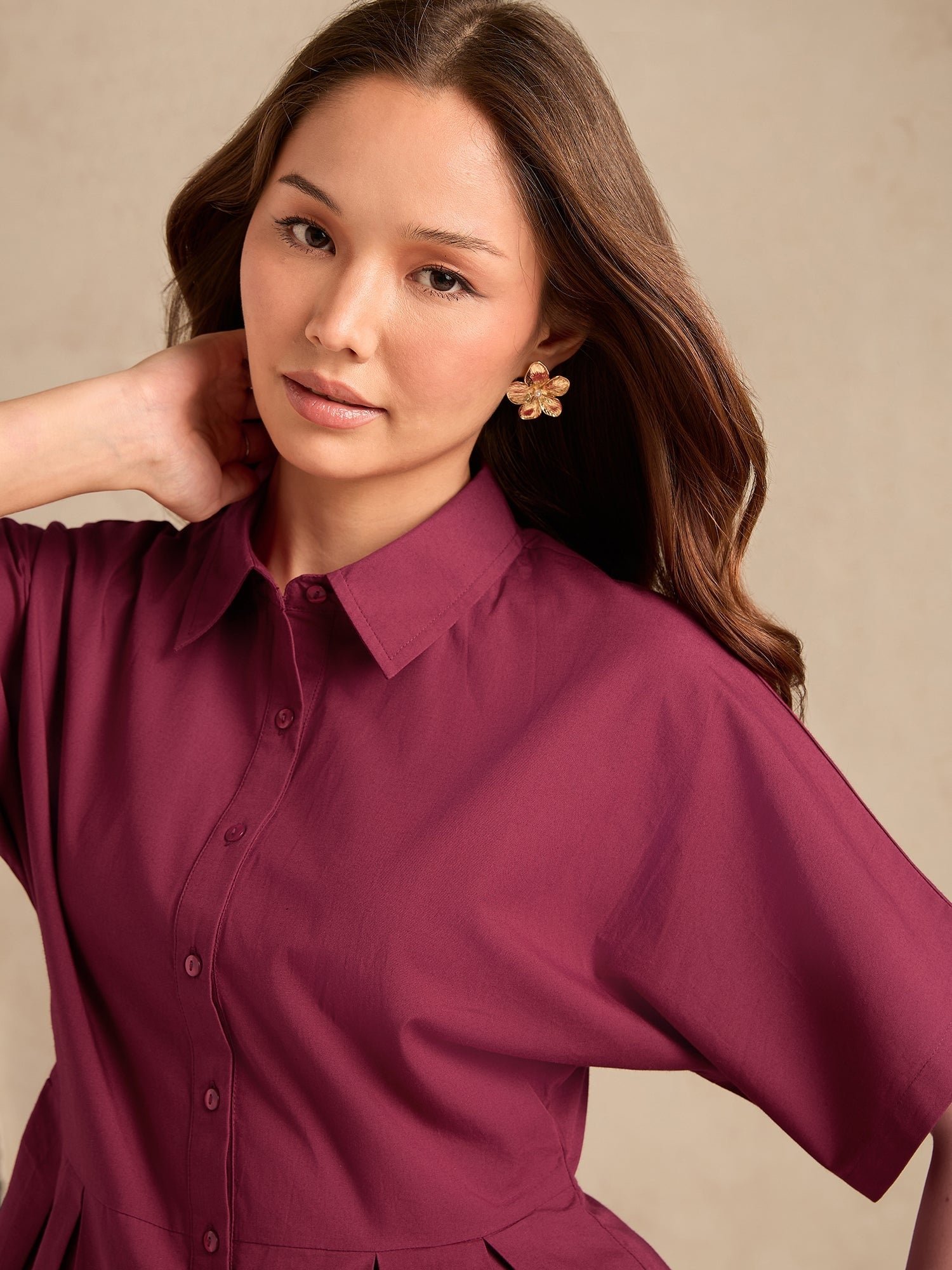 Burgundy Short Sleeve Peplum Blouse