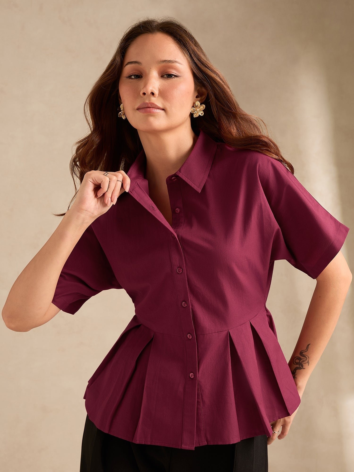 Burgundy Short Sleeve Peplum Blouse