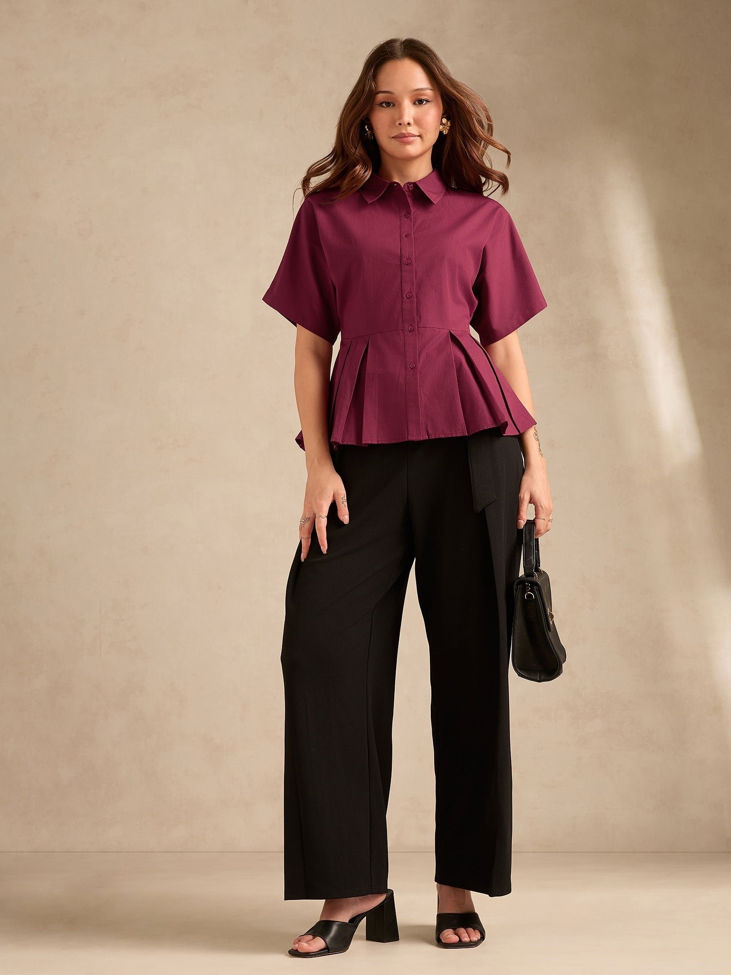 Burgundy Short Sleeve Peplum Blouse