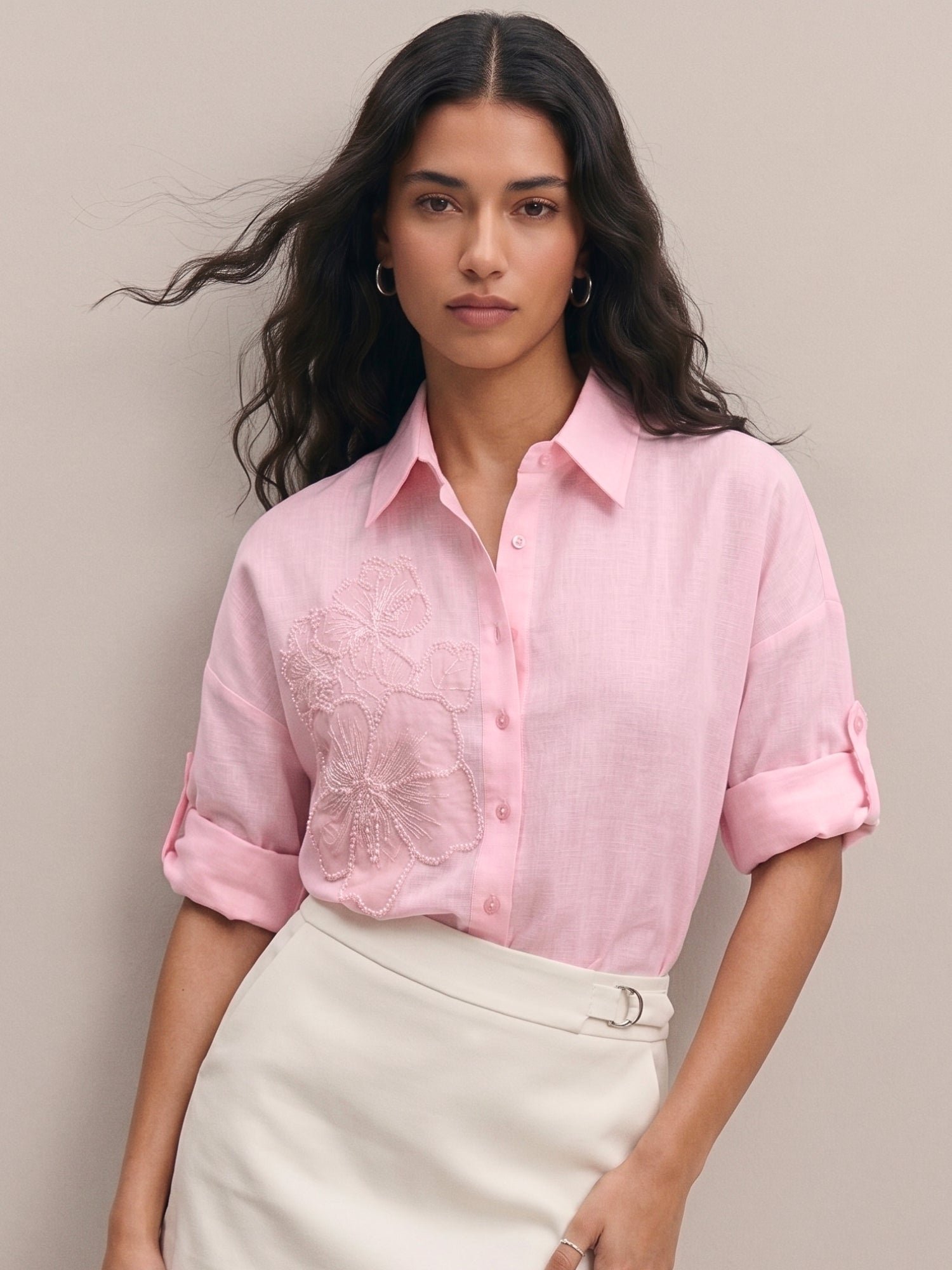Light Pink Long Sleeve Shirt with Floral Embroidery