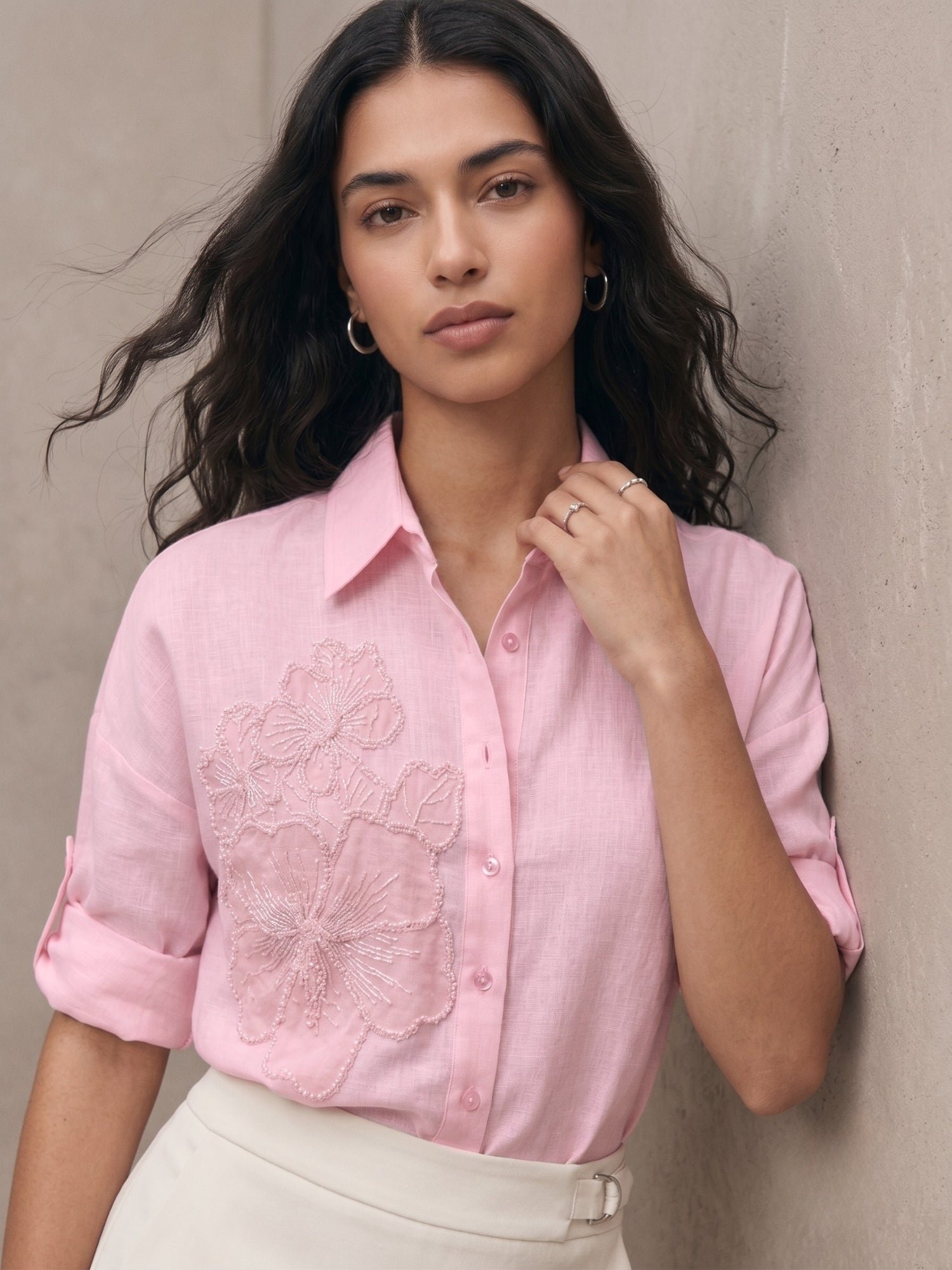 Light Pink Long Sleeve Shirt with Floral Embroidery