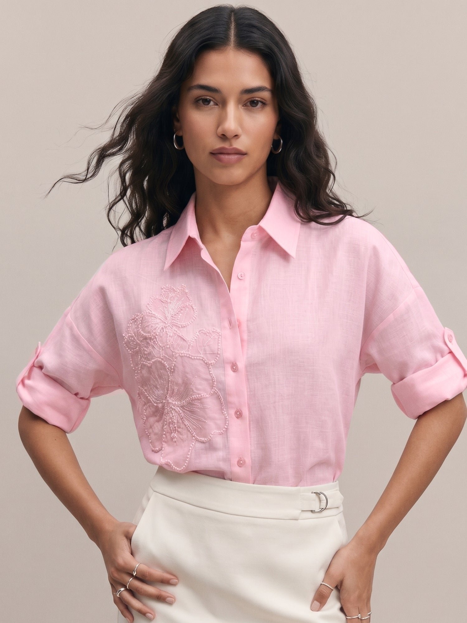 Light Pink Long Sleeve Shirt with Floral Embroidery