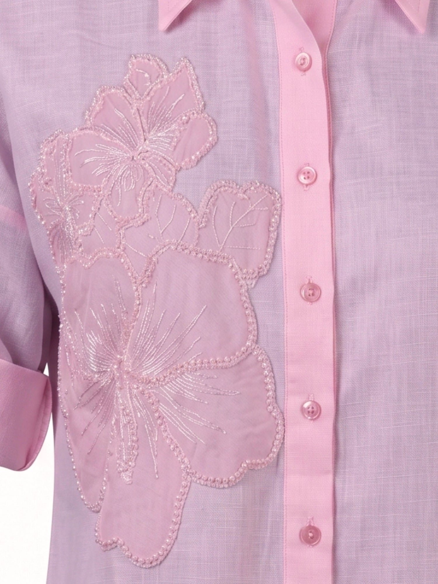 Light Pink Long Sleeve Shirt with Floral Embroidery